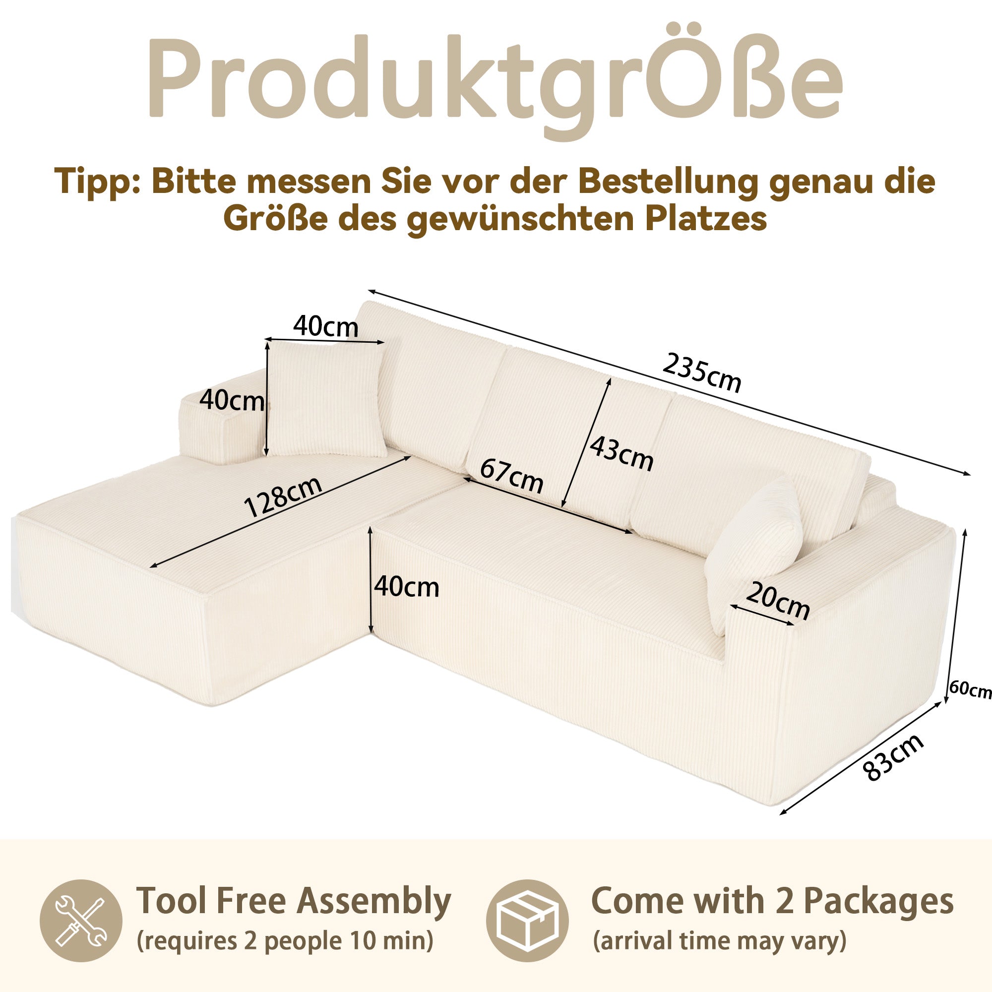 L-Shaped Sofa with Chaise Longue and High-Density Foam, Corduroy Beige