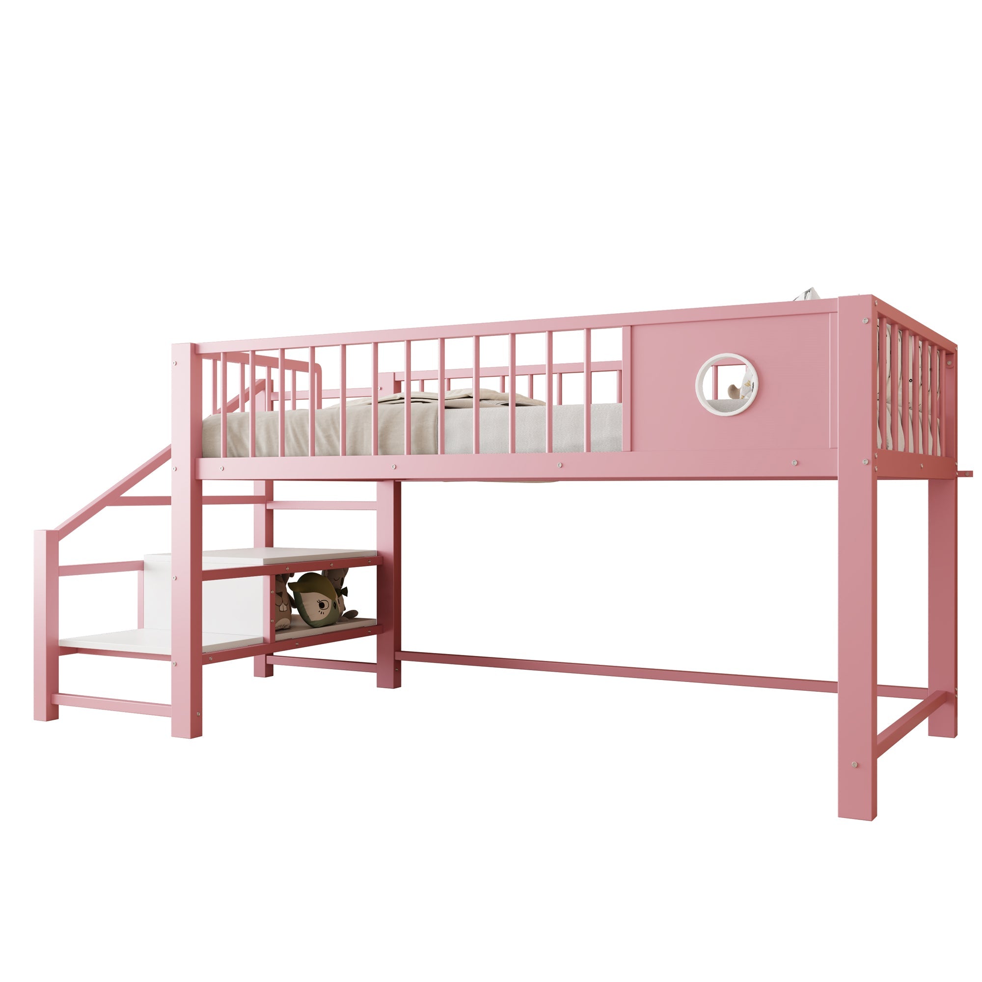 Low Loft Bed for Children with Storage Ladder and Metal Frame, 90x200cm, Pink Metal