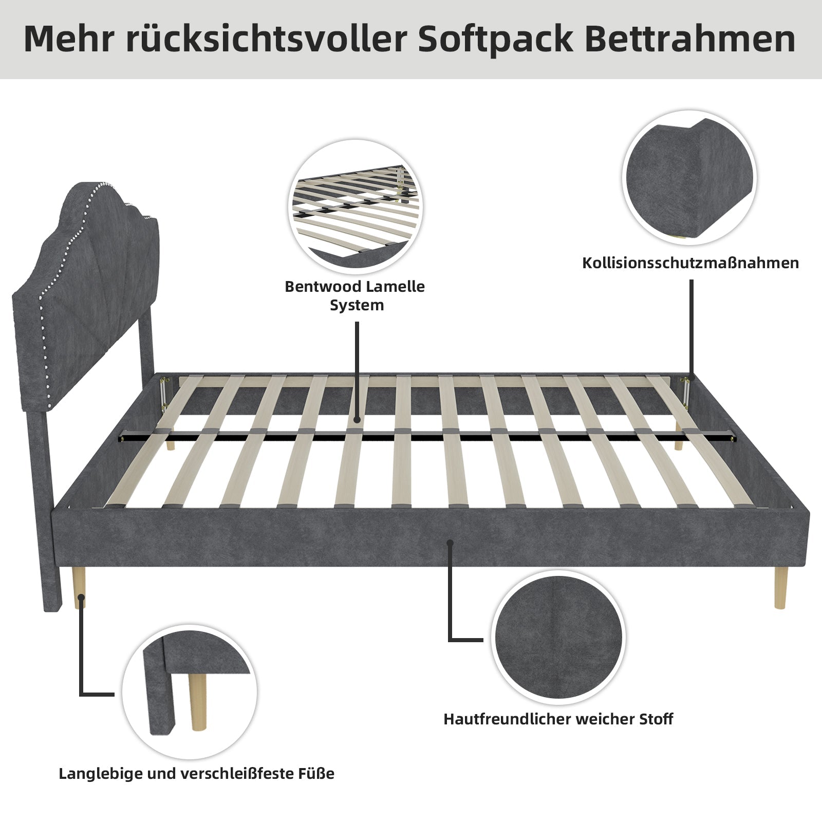 Soft Bed, Minimalist Headboard Multifunctional Low Box Frame, Gray