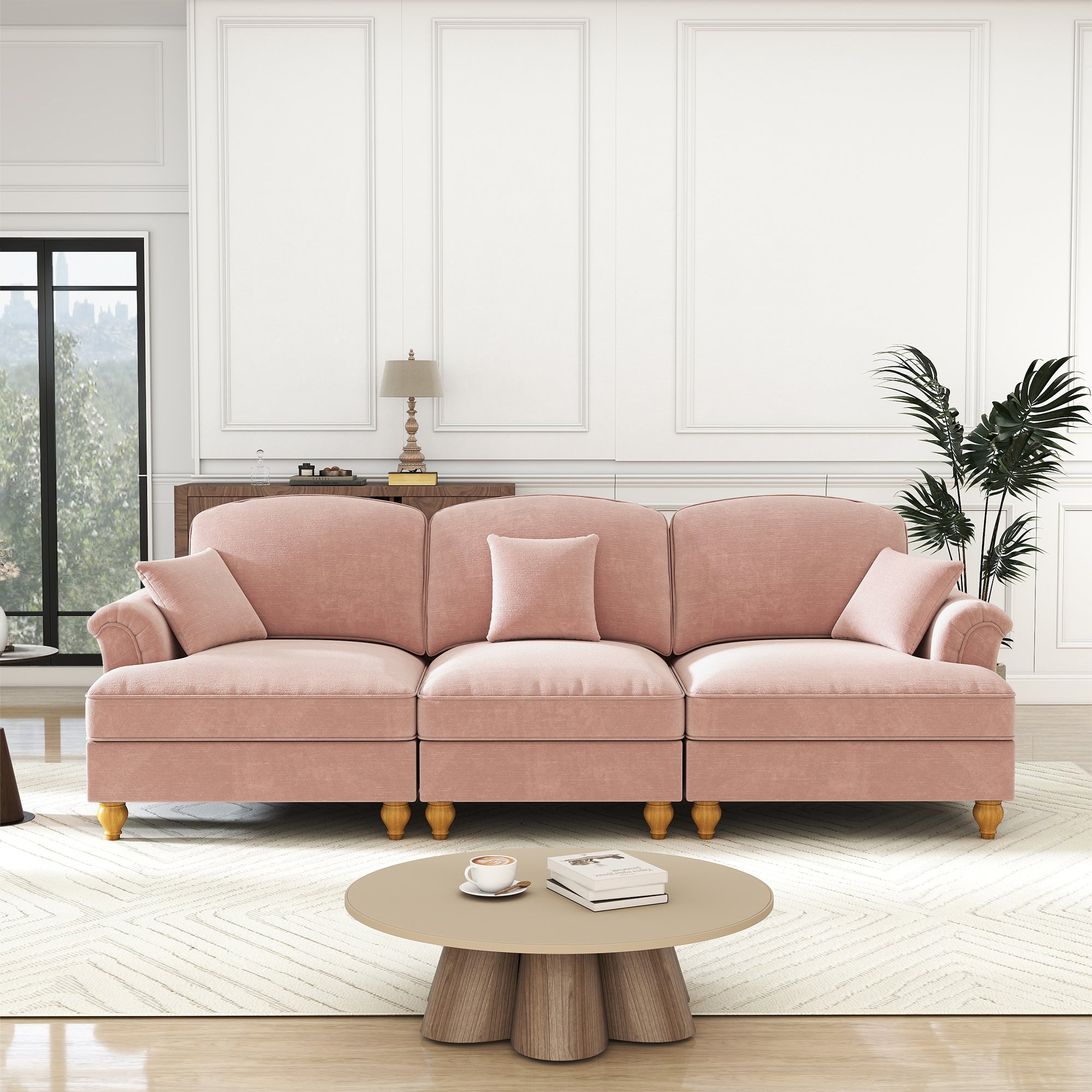 3-Seater Sofa Mid-Century Ruffled Apron Spindly Legs - Chenille Pink