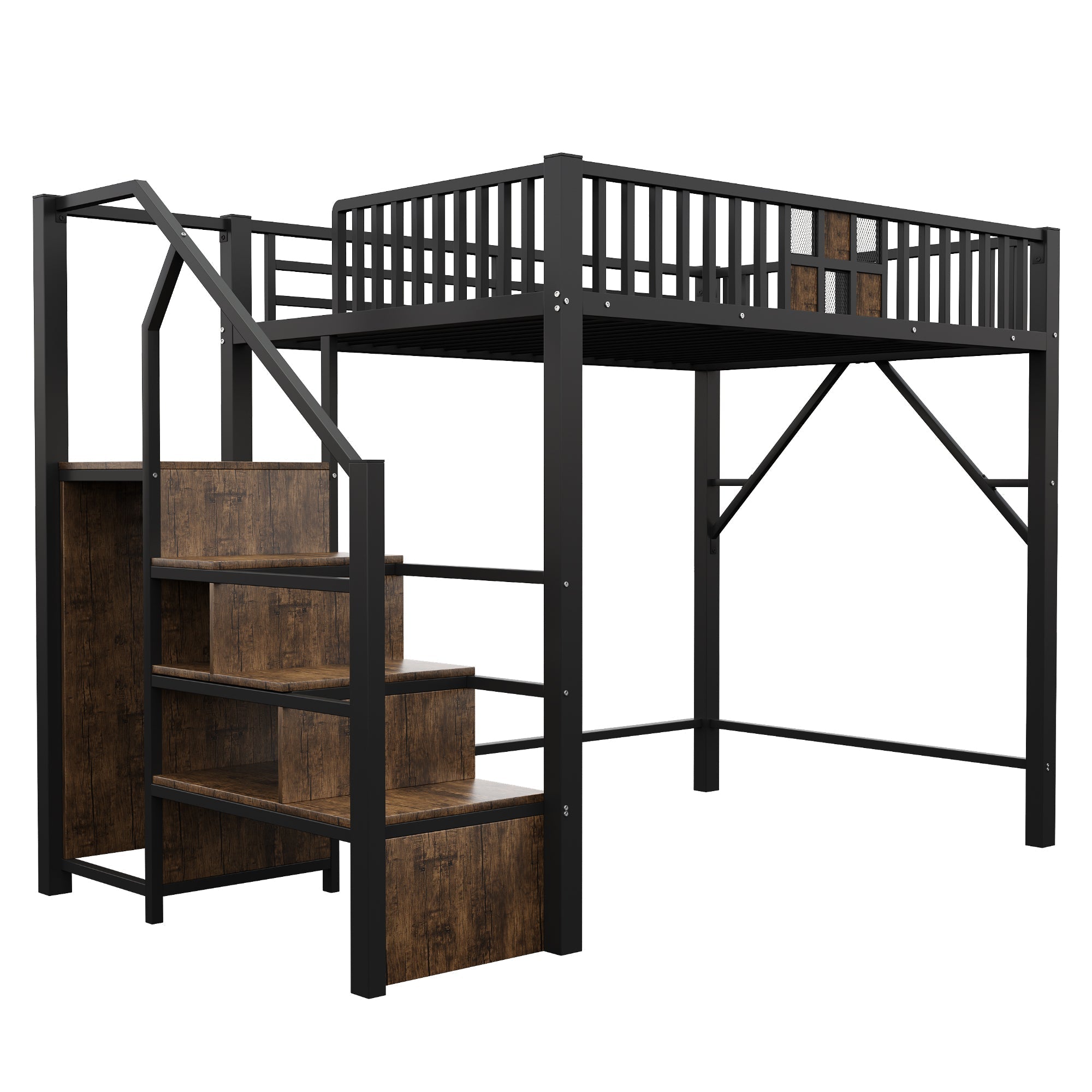 High Loft Bed with Wardrobe, Storage Ladder and Metal Frame, Black Metal and Wood