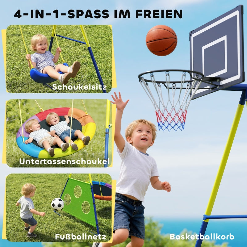 4-in-1 Swing Set with Nest Swing, Basketball Hoop and Football Goal, Metal