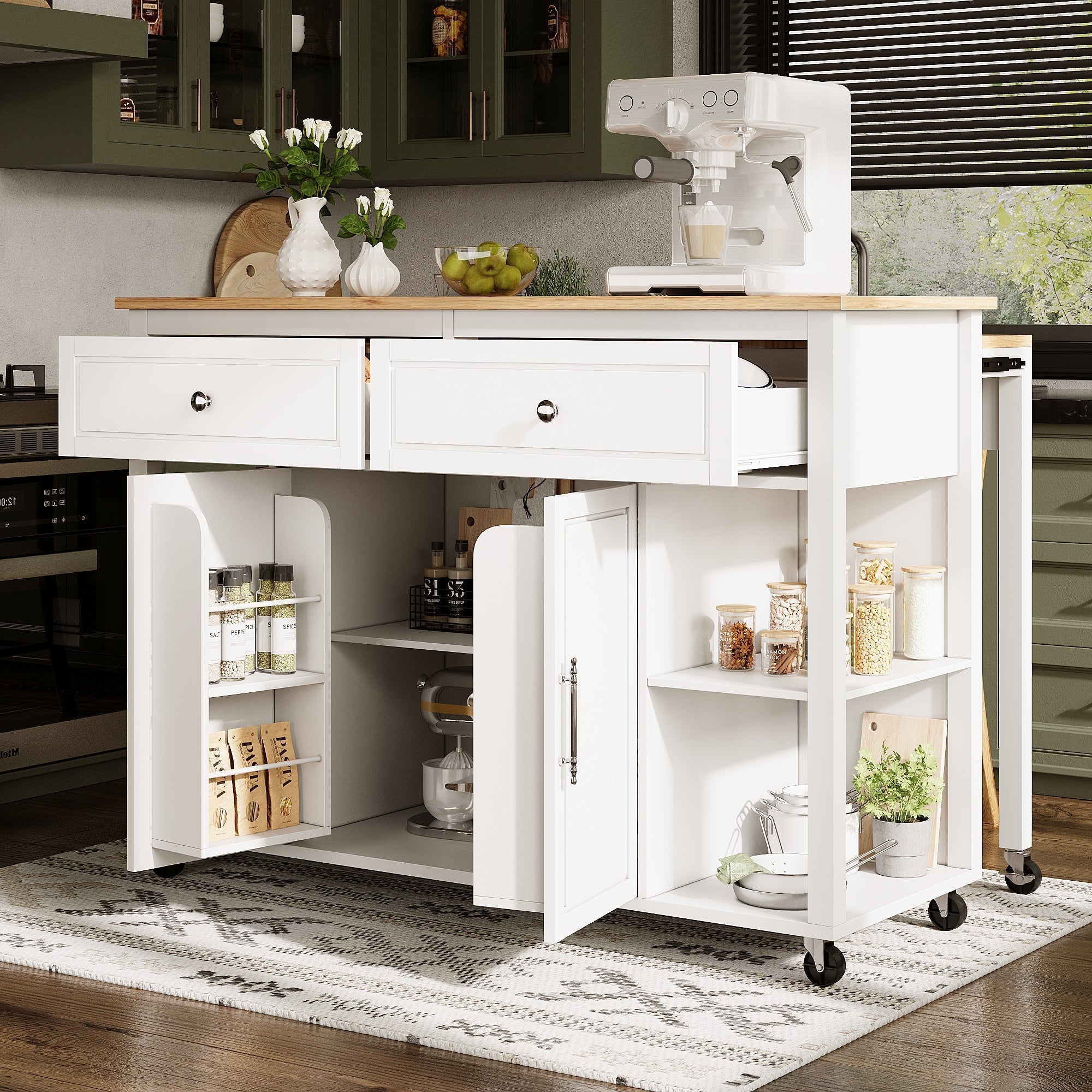 Kitchen Island Mobile Serving Trolley Storage 2 Drawers - Wood Grain