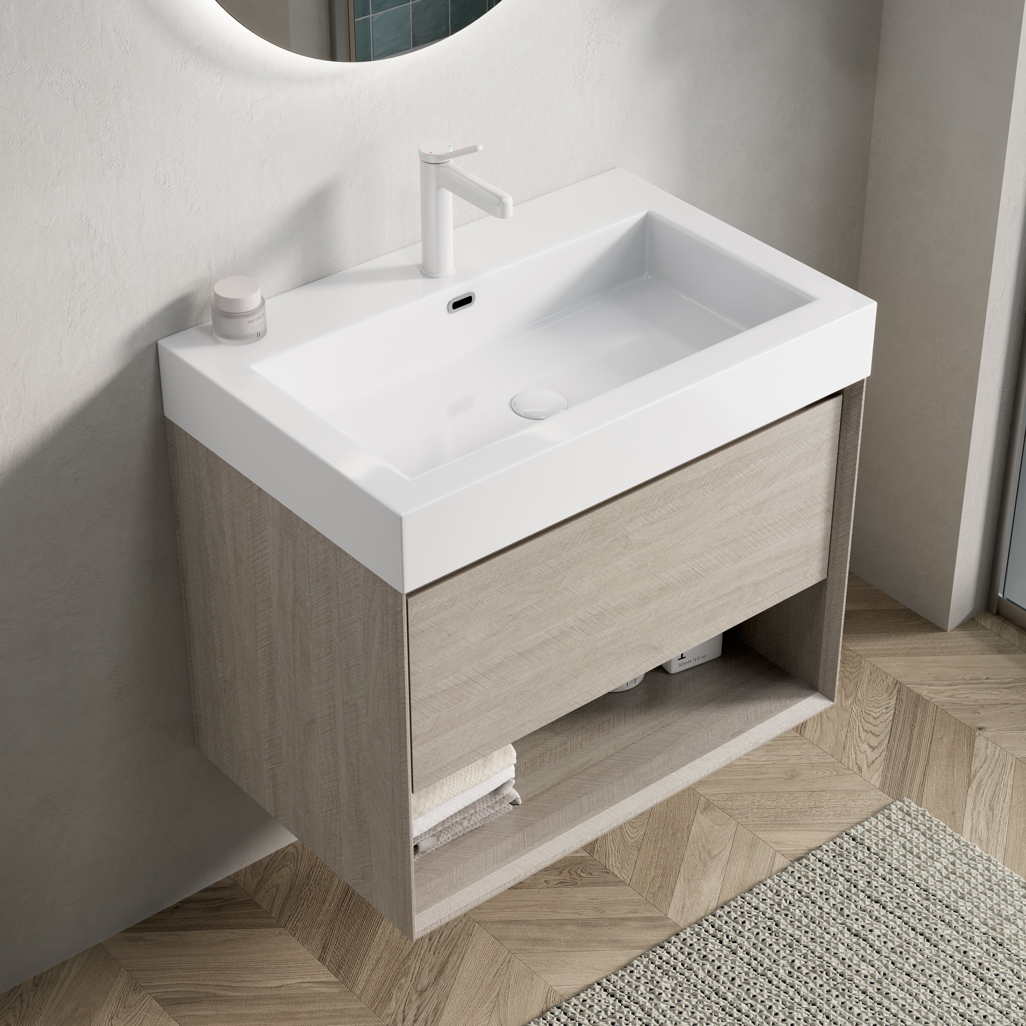 Wall-Mounted Bathroom Vanity Unit with Integrated Resin Basin and Storage, Light Oak wood Grain Color