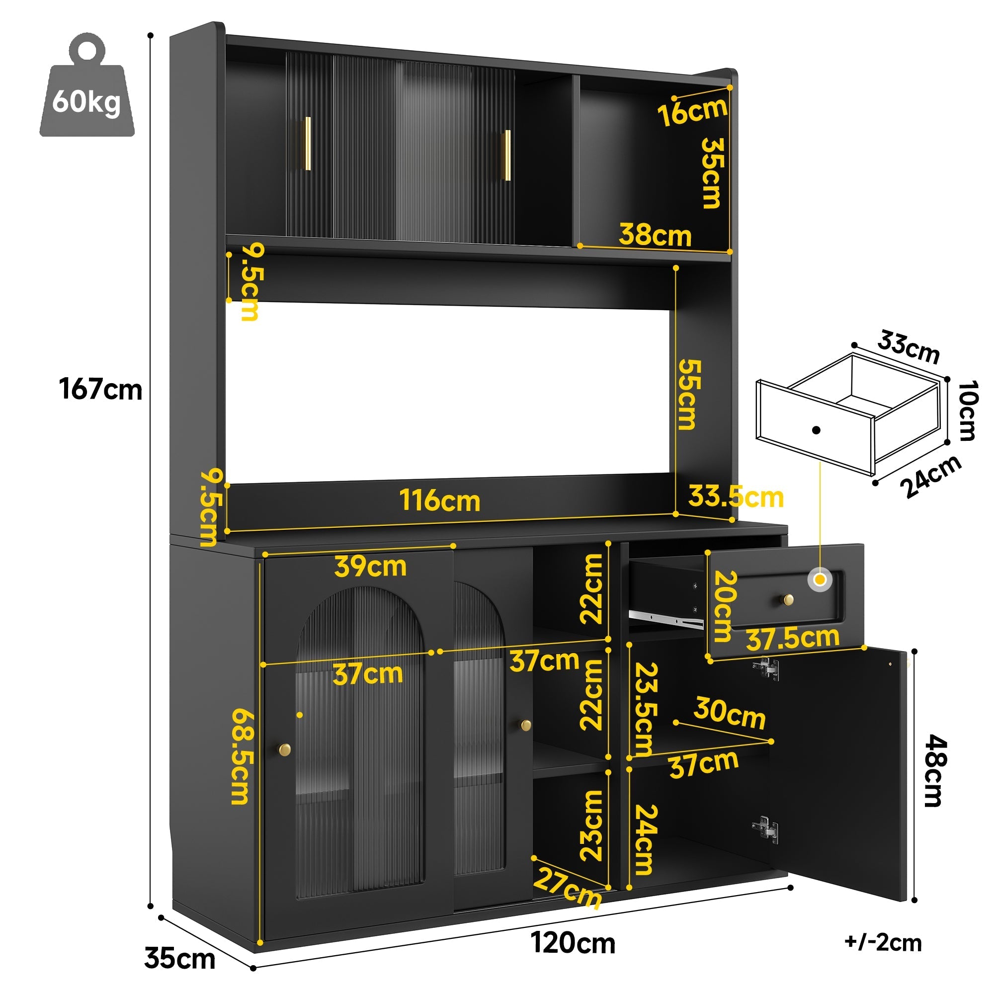 Kitchen Cabinet Tall Display Sideboard w/ Adjustable Shelves, LED Lighting, White/Black