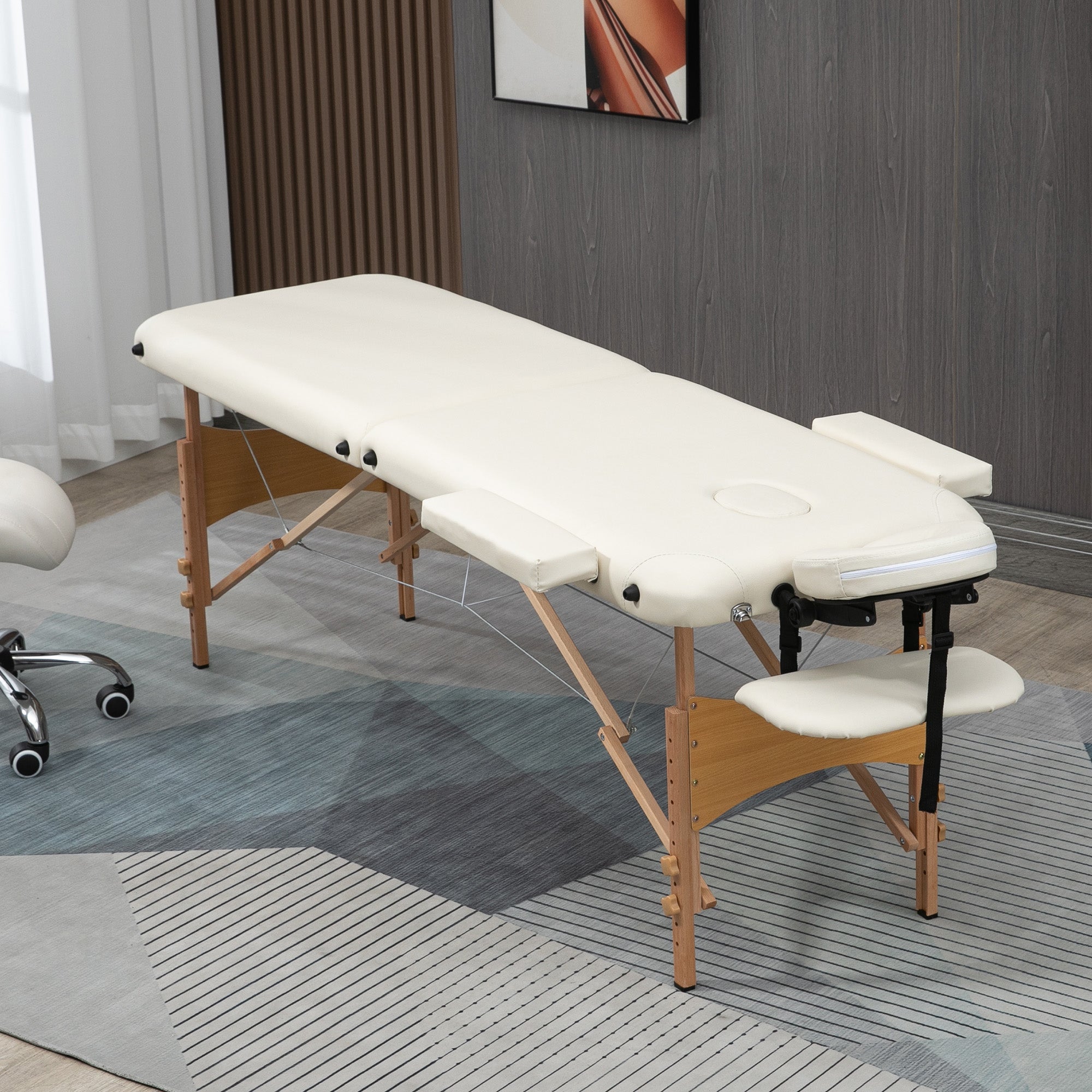Portable Massage Bed Folding Spa Beauty Table 2 Sections Wooden Frame Cream