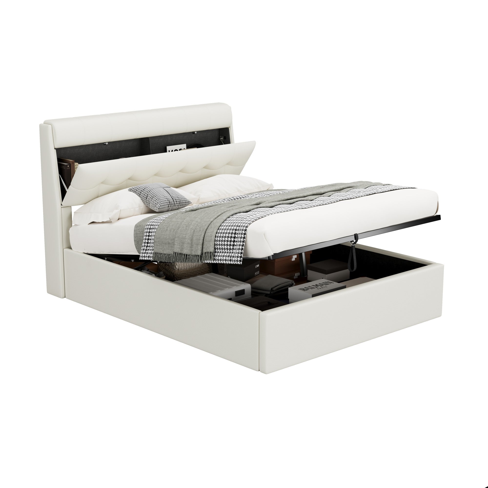 Upholstered Bed 140x190cm Hydraulic Storage Hidden Headboard Storage - PU White