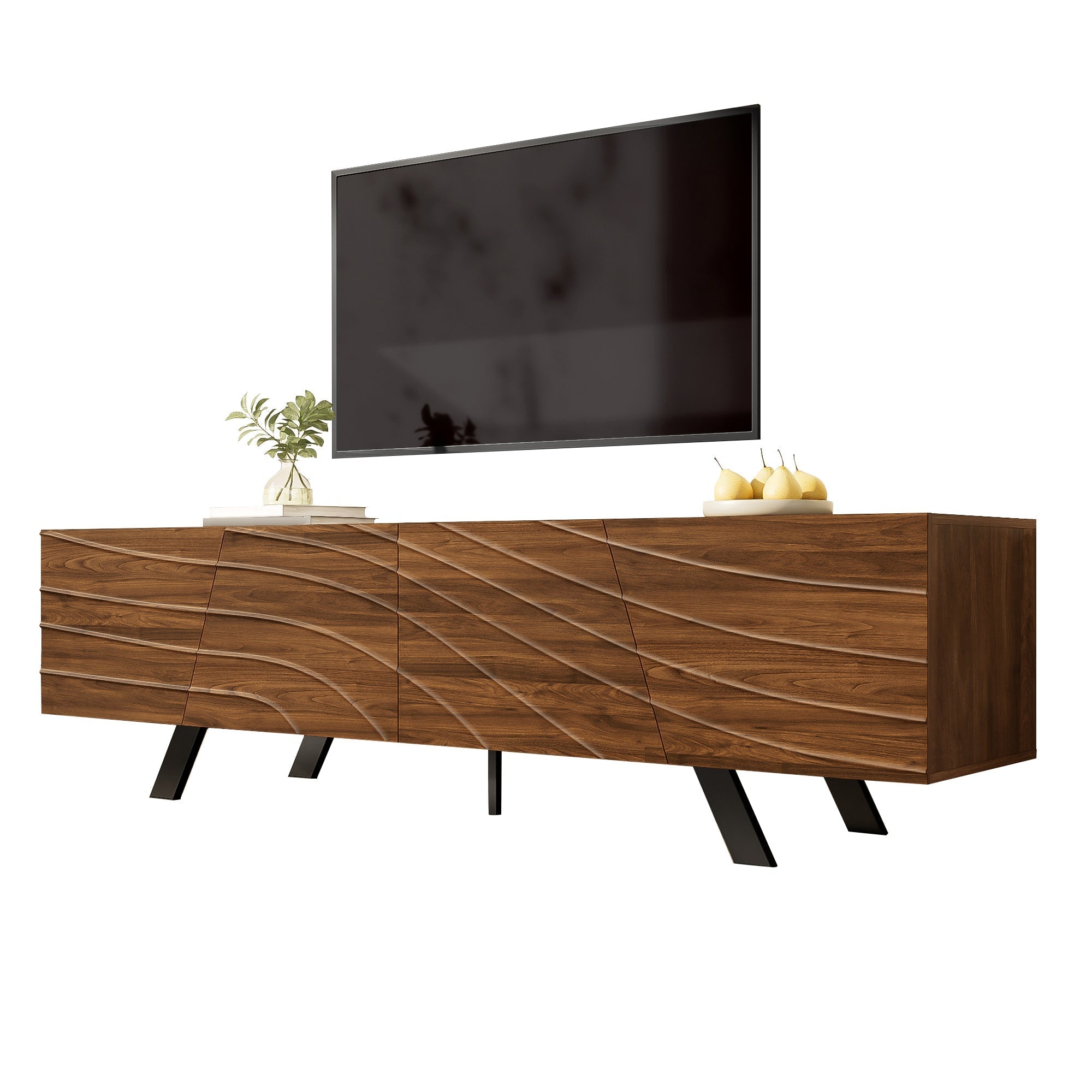TV Cabinet Lowboard Modern Wave Front 160cm Large Storage Walnut/Black