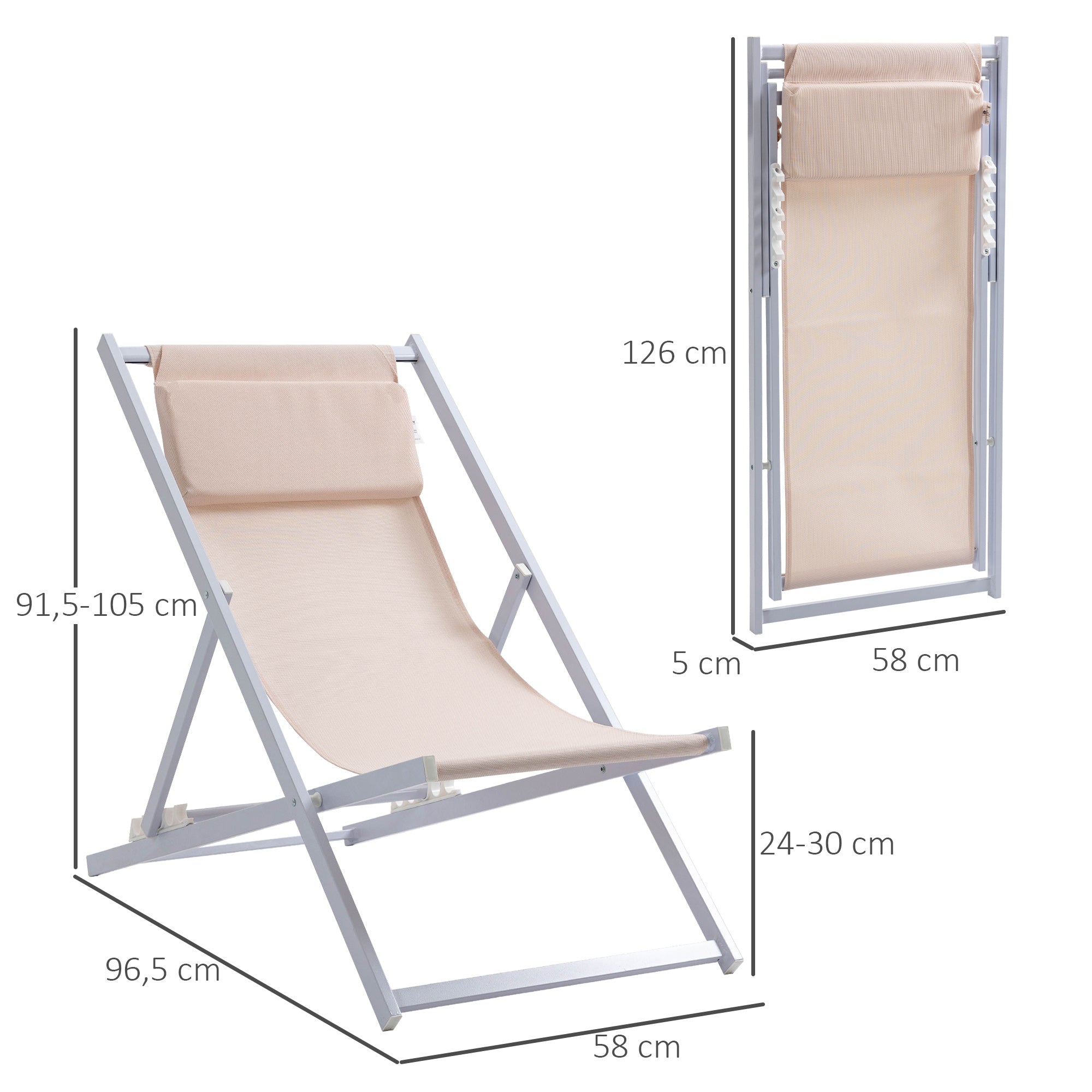Set of 2 Folding Deck Chairs, Aluminum Frame Lounger, Beige