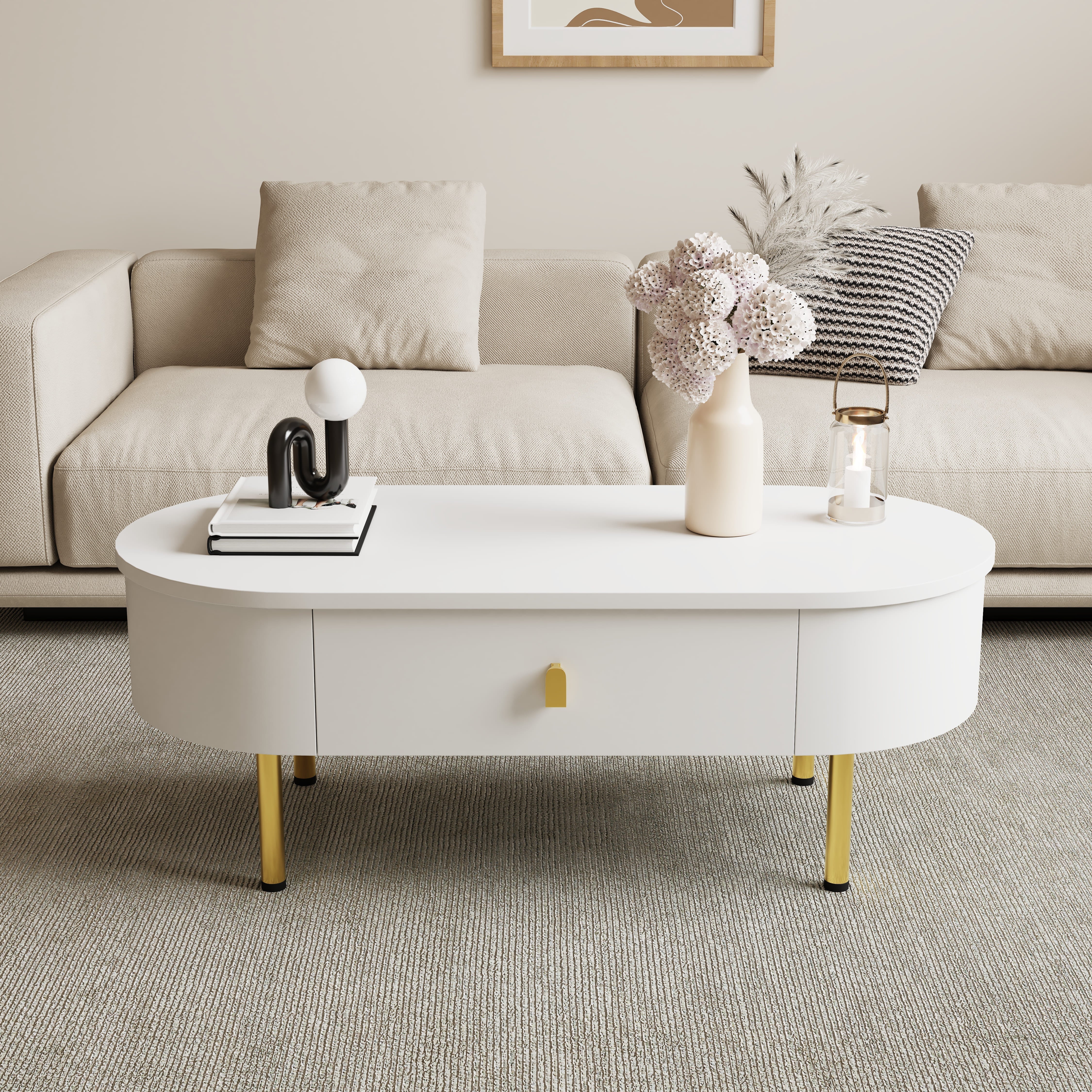 Coffee Table with Two Drawers, Curved Corners, Golden