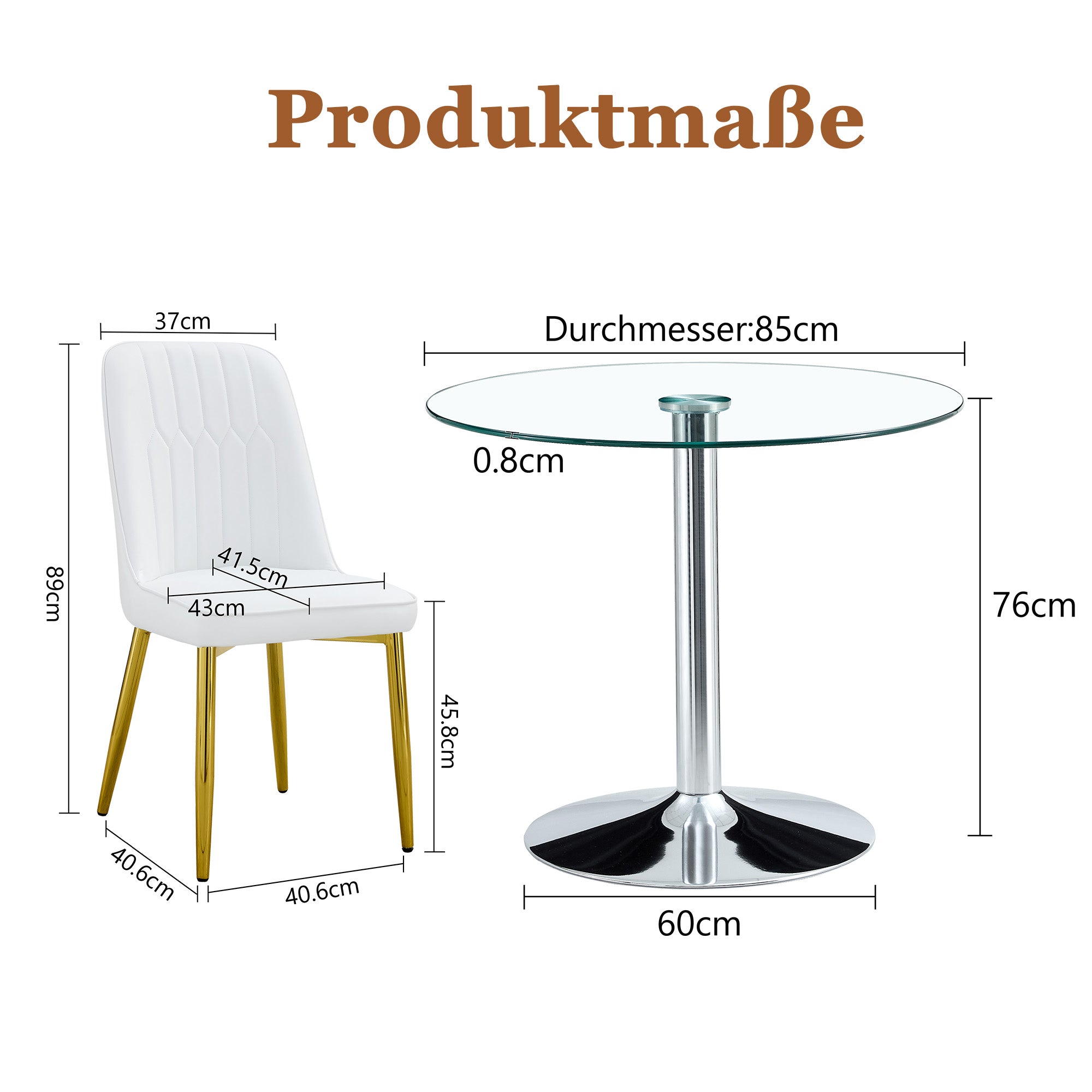 Dining Set Round Glass Table 85cm 4 PU Chairs Gold Legs - White