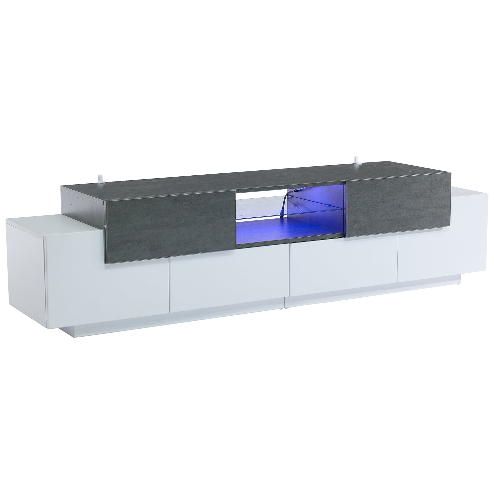 LED TV Cabinet, Entertainment Center with Glass Shelves, White+Gray