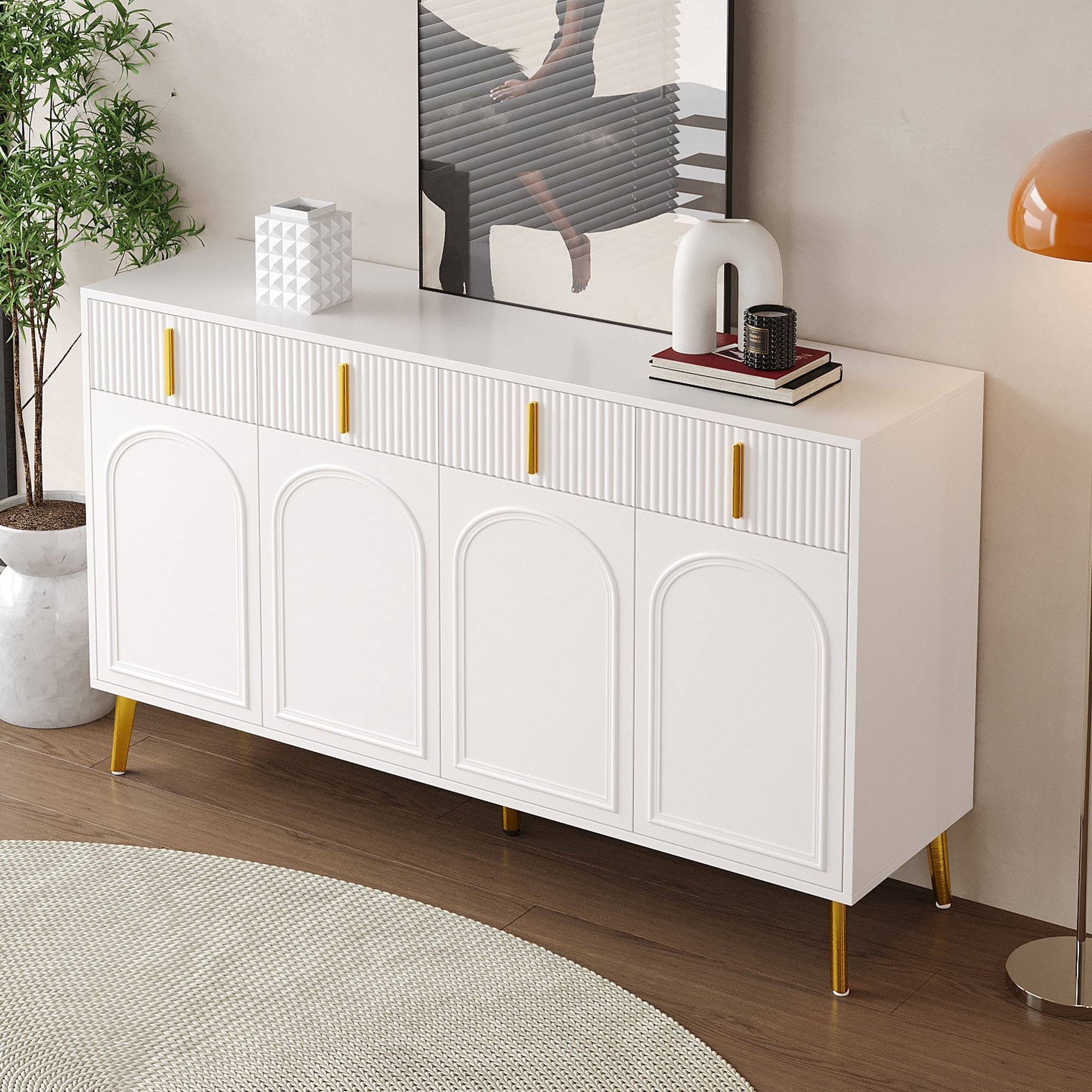 Sideboard, 4 Doors 4 Drawers, Gold Handles Legs, White MDF