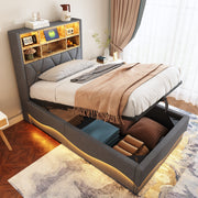 Children's Bed Hydraulic Storage LED USB Metal Frame, Grey Linen