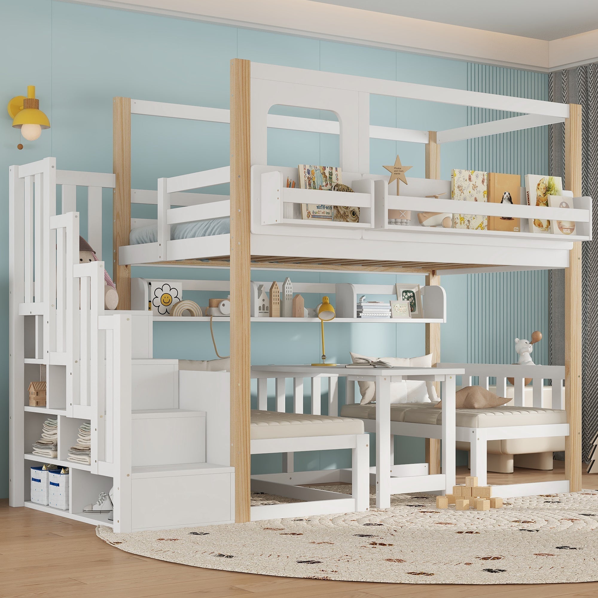 Bunk Bed with Adjustable Table, Bookshelf and Storage Stairs, 90x200cm, White and Natural Pine + MDF