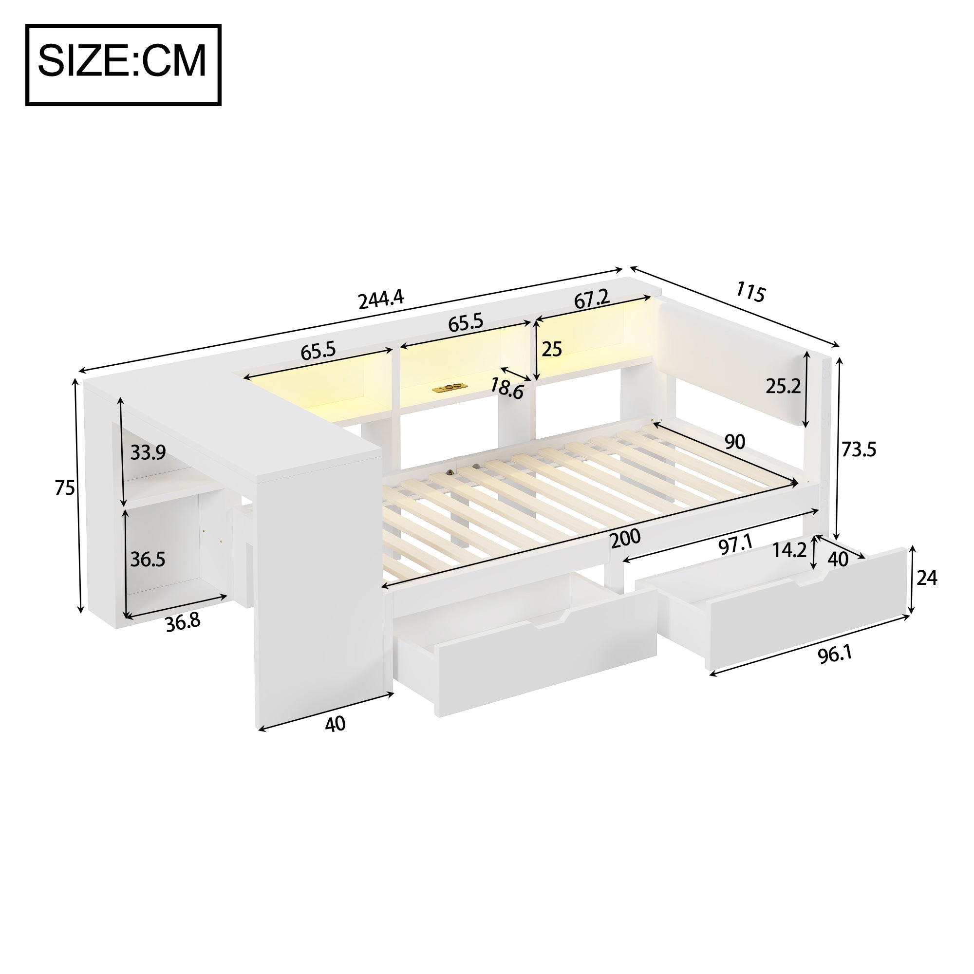 Platform Bed 90x200 Storage Drawers Shelves Upholstered Headboard LED - White