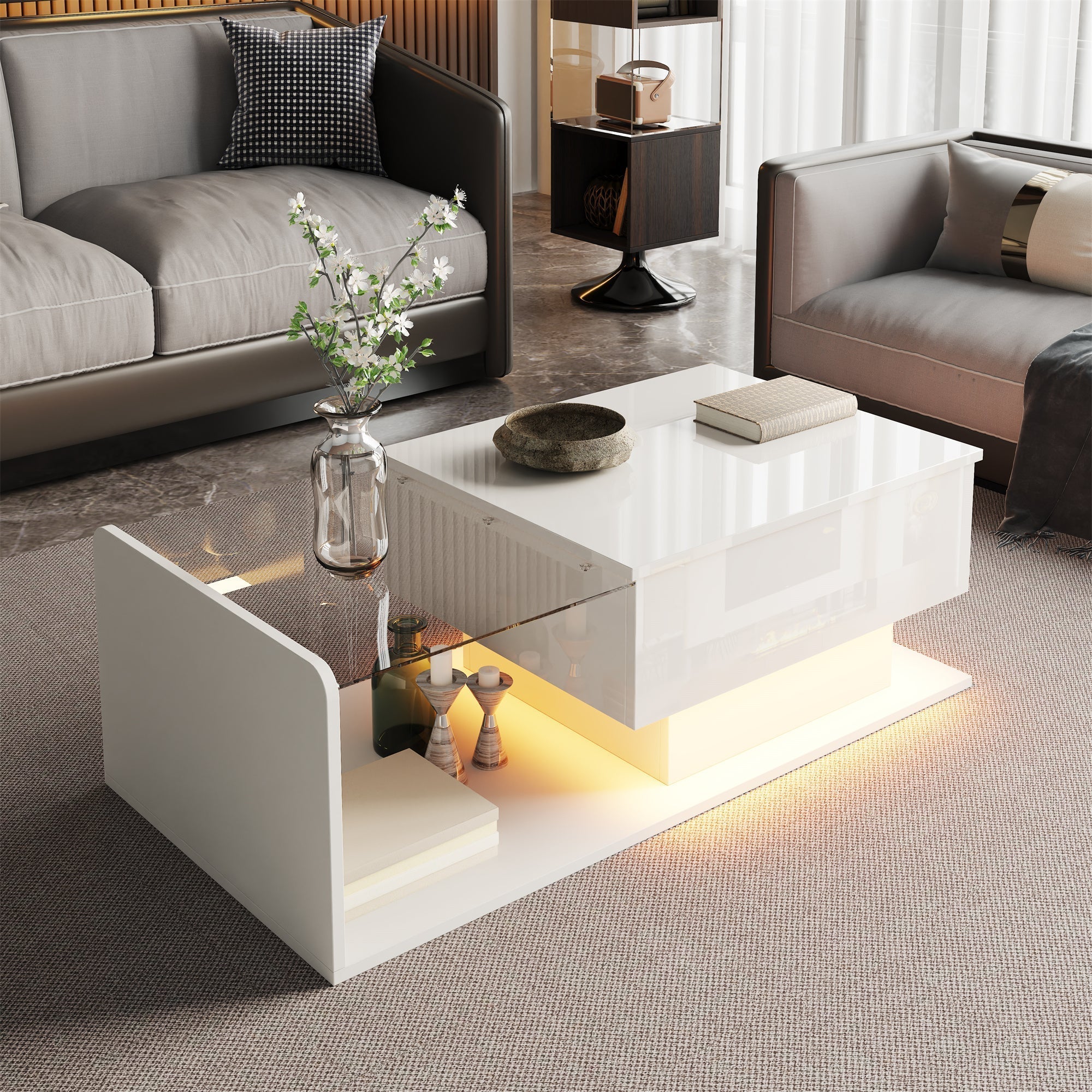 Coffee Table, Glass Top LED Effect, High-Gloss White