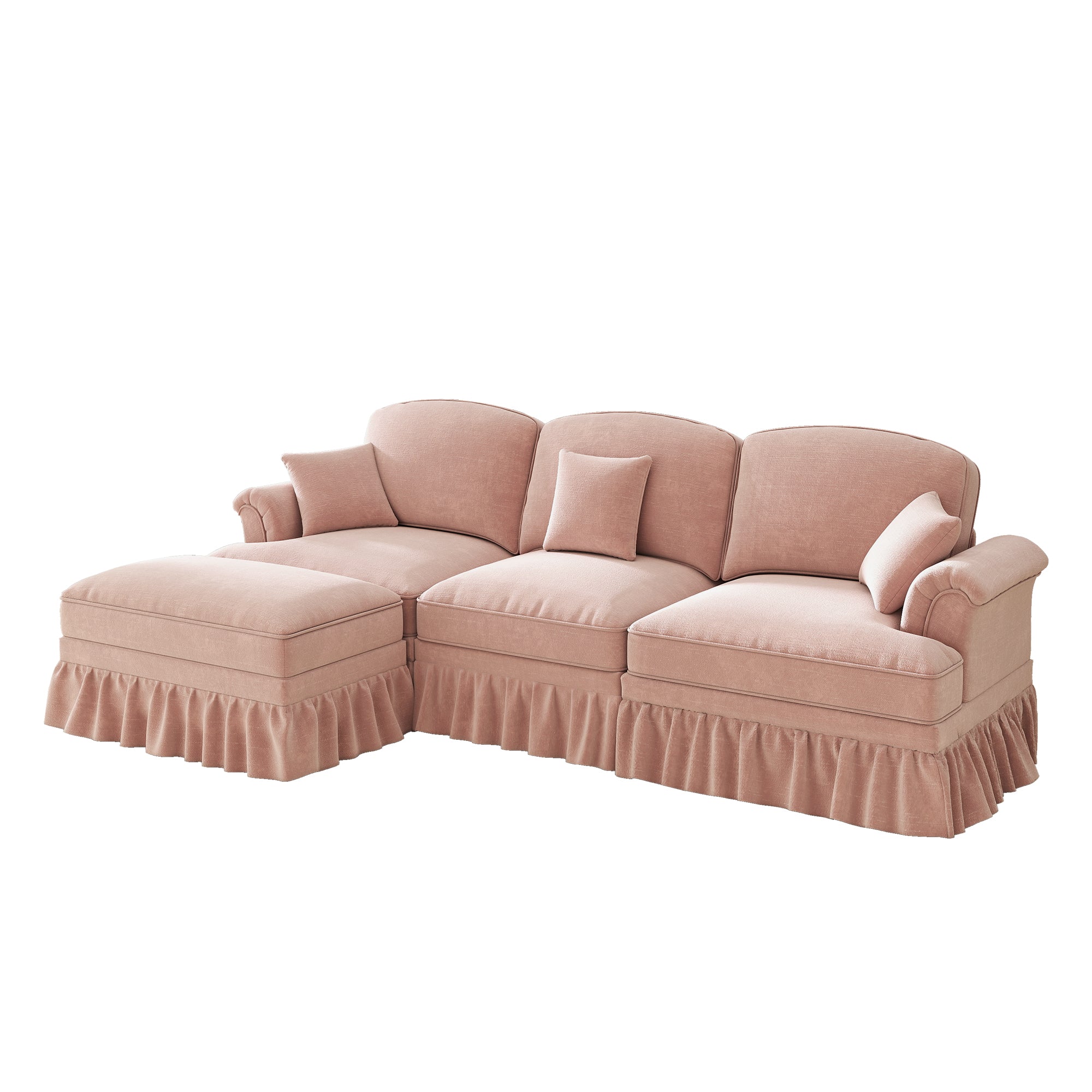 Modular Mid-Century L-Shaped 3-Seater Sofa with Ottoman - Pink Chenille