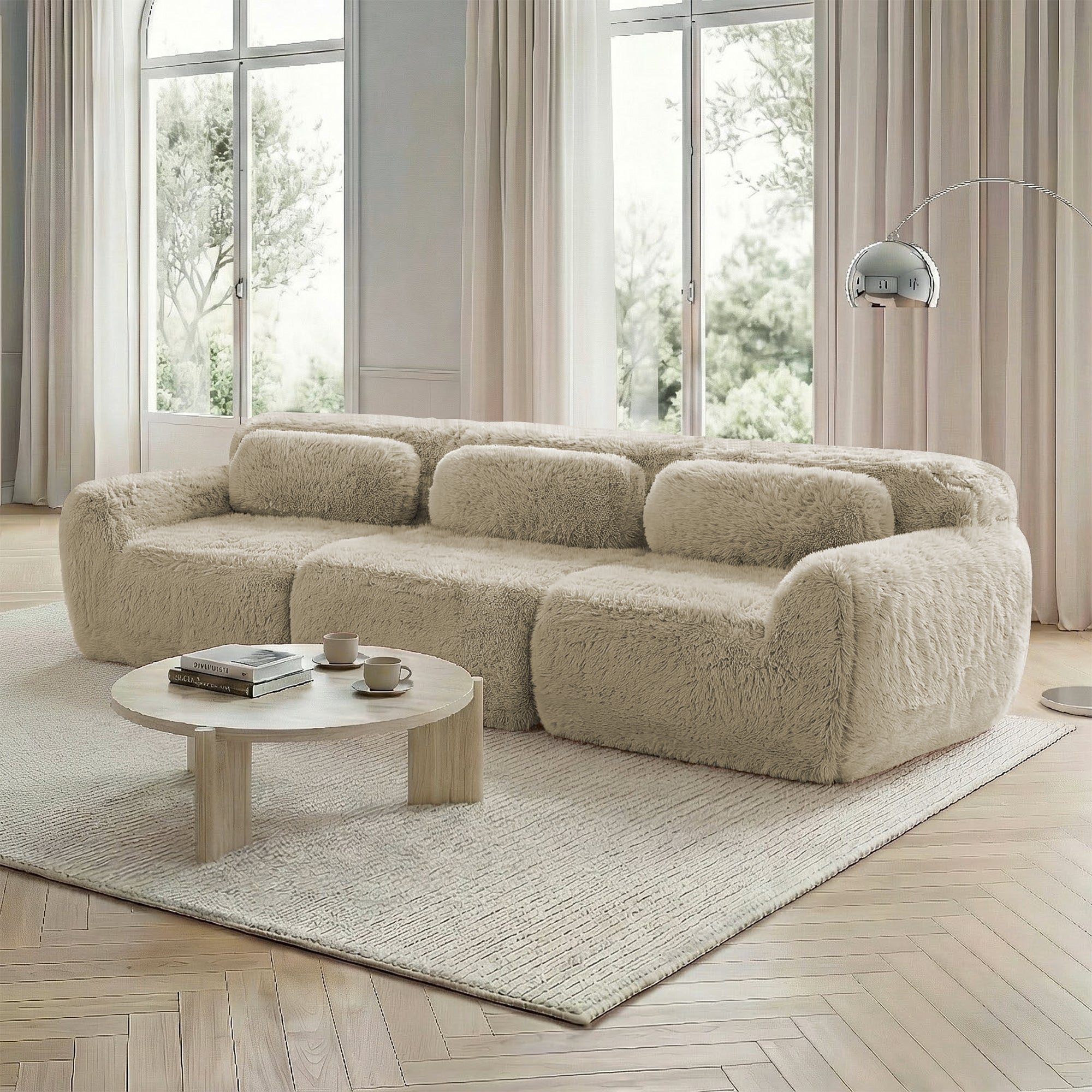 3-seater Deep Sofa Modular Plush Fabric No Assembly - Light Khaki