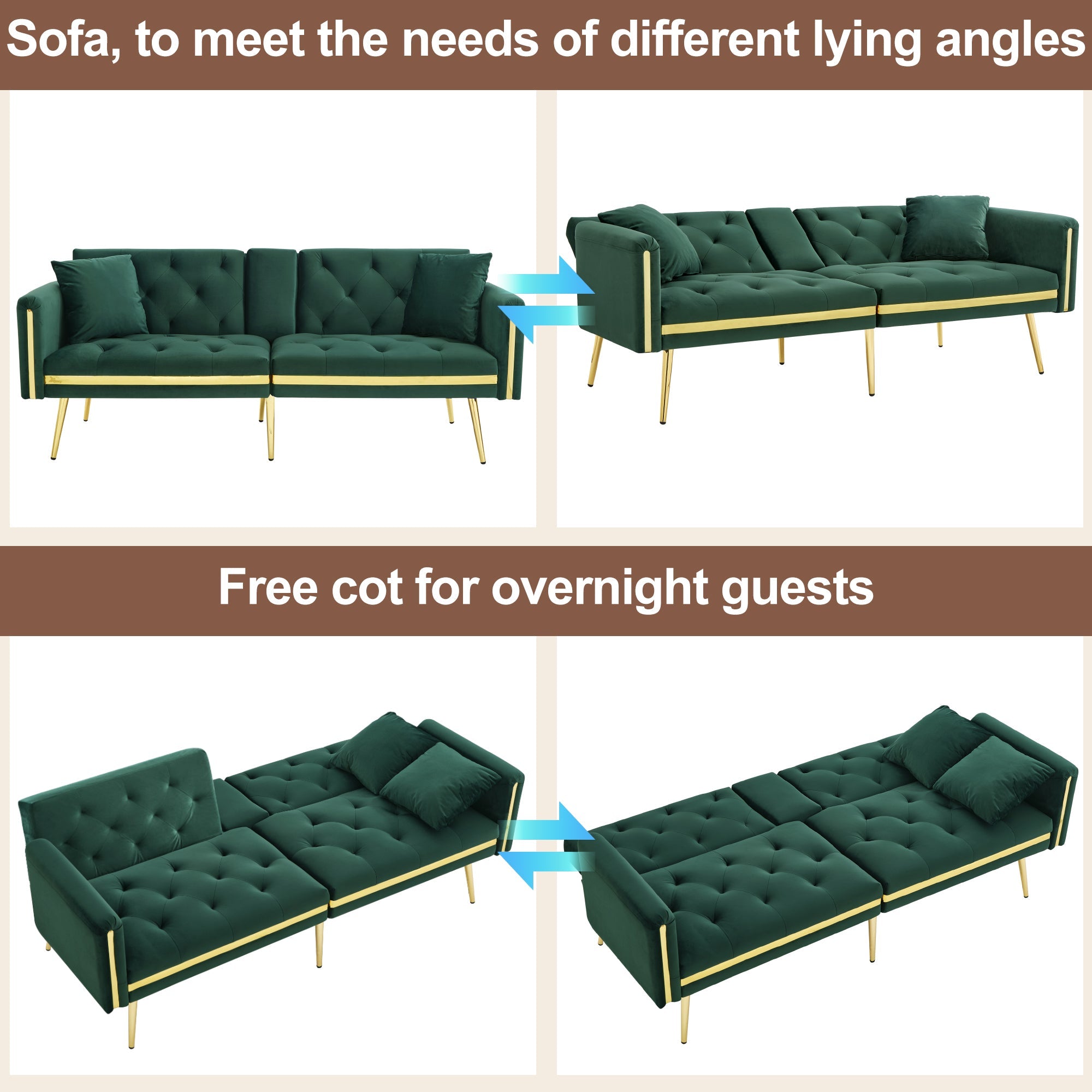 Two-seater Sofa Bed, Adjustable Backrest and Cup Holders, Velvet