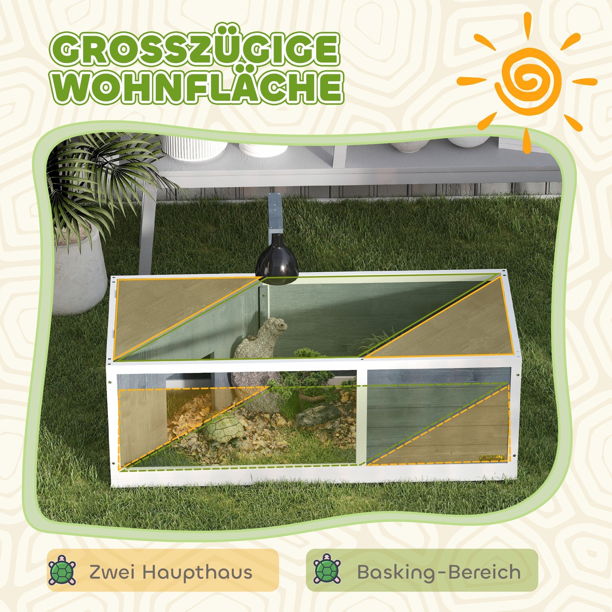 Schildkrötenhaus aus Holz, 2 Haupthäuser mit aufklappbarem Dach, Lampenständer, transparente Frontplatte, Grau