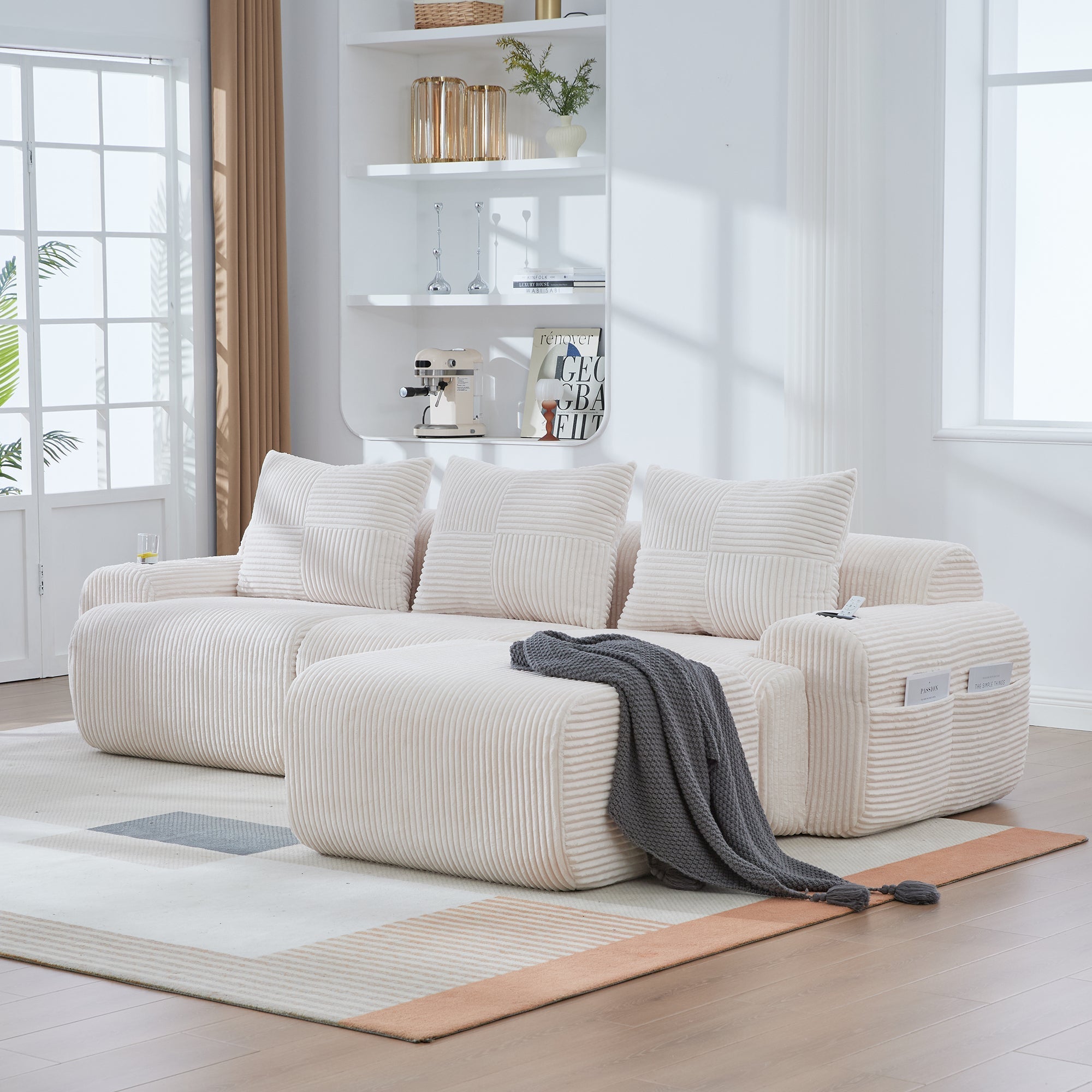 3-Seater Modular Corduroy Sofa with Ottomans, Cup Holders and Storage, Beige
