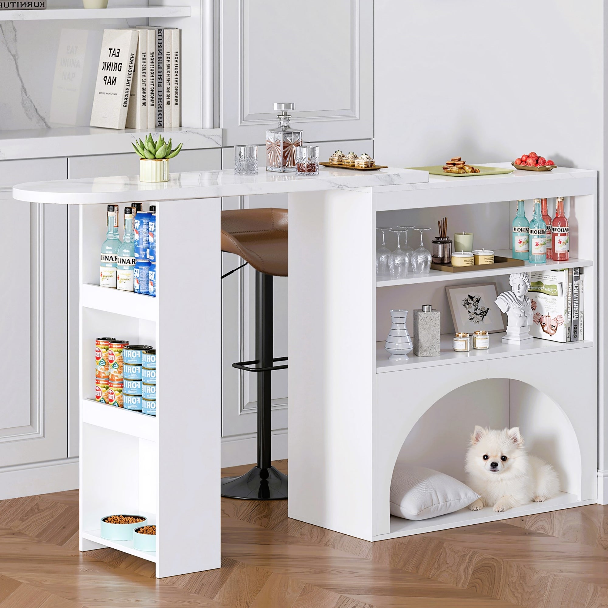 Extendable Table, Rotating High with Pet Area, White Marble Effect