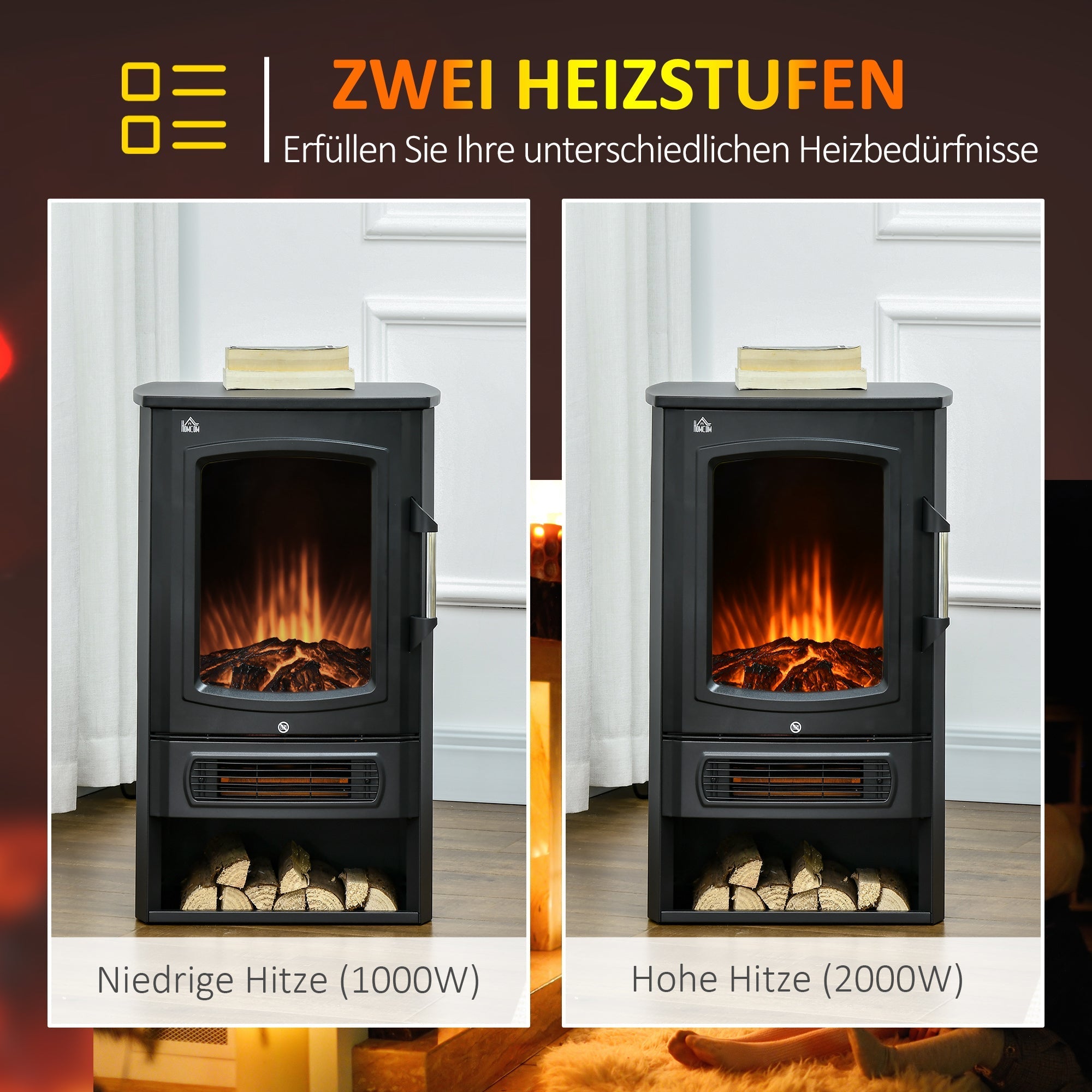 LED Electric Fireplace, 1000/2000W Heating, Flame Effect, 44.5x32x74cm, White