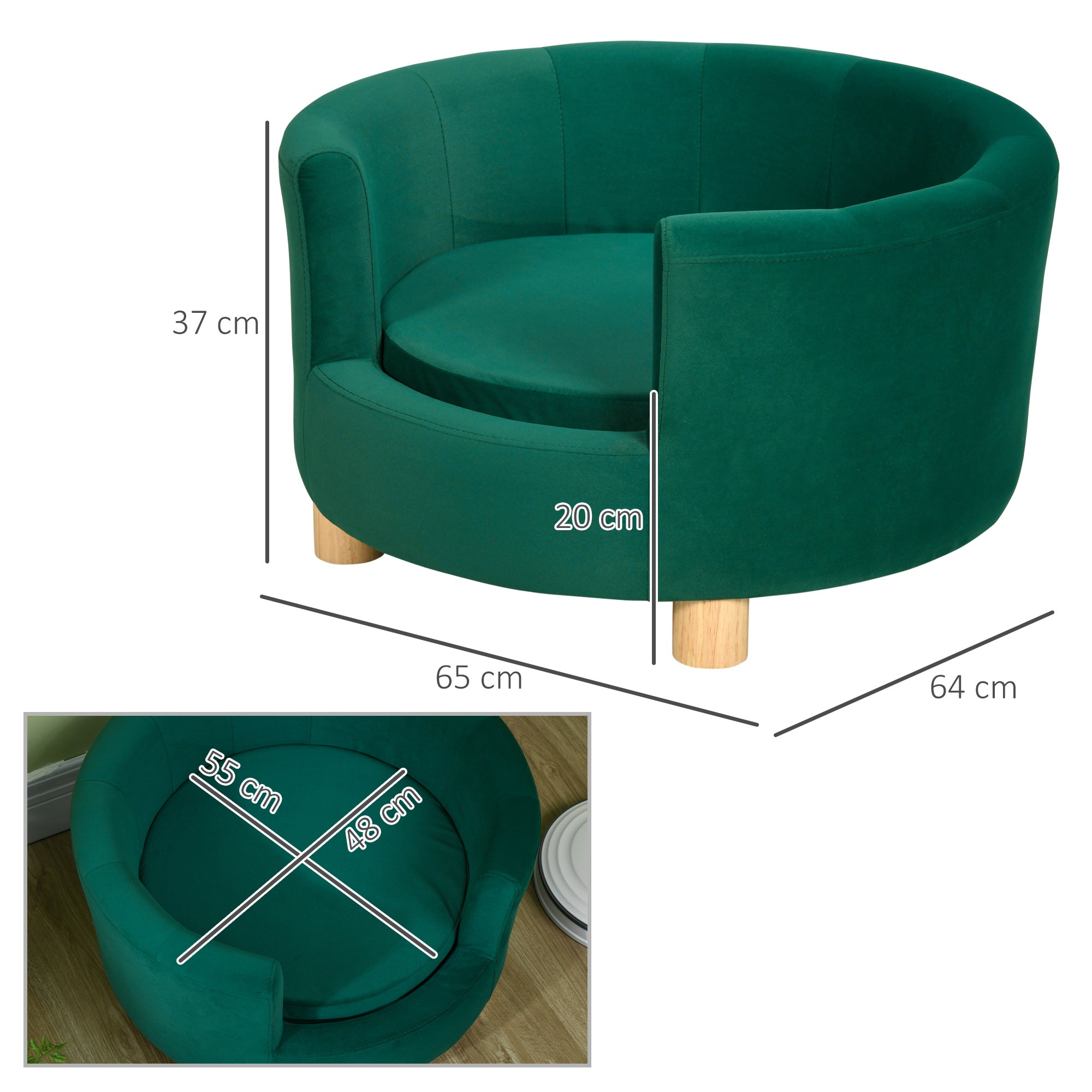 Dog Bed Sofa, Soft Cover & Wooden Legs, 65x64x37cm
