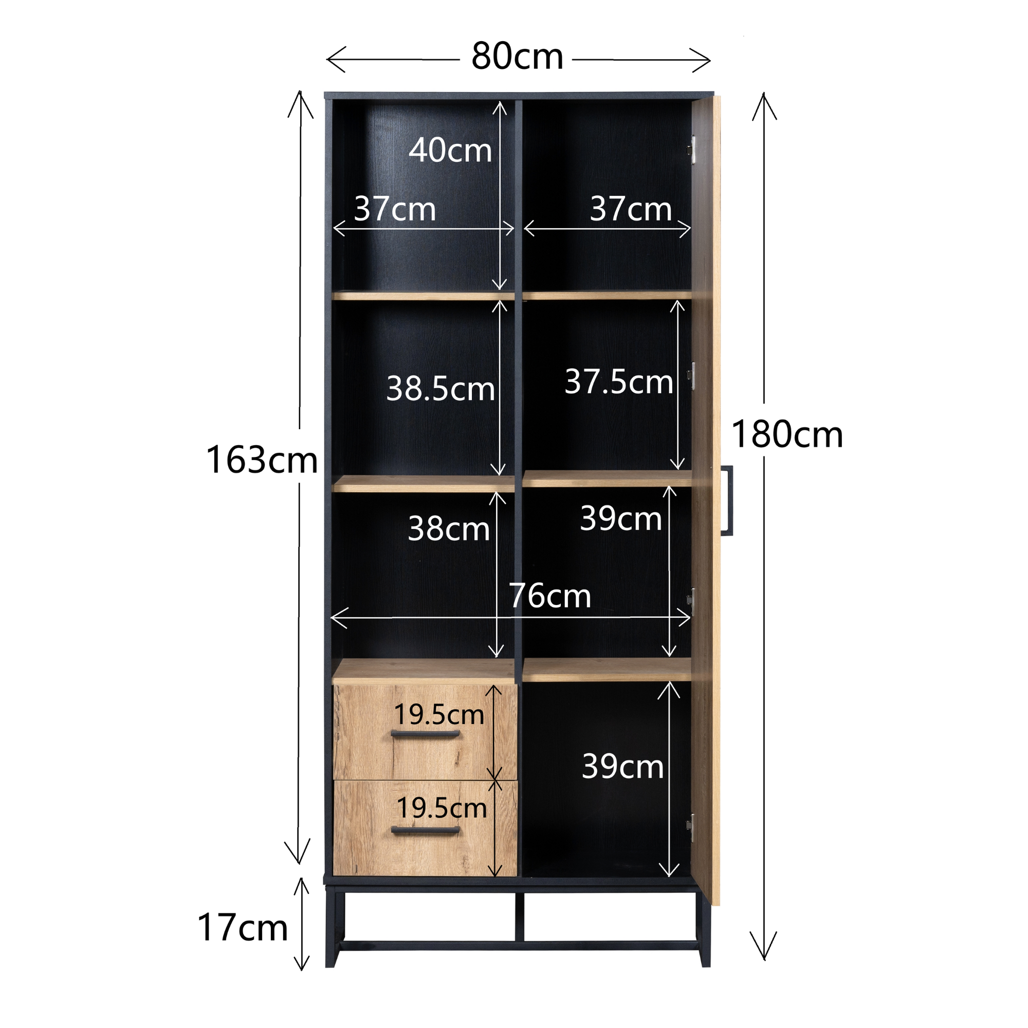 Highboard Cabinet with Door, 2 Drawers & 3 Open Compartments, Wood Look & Black Frame