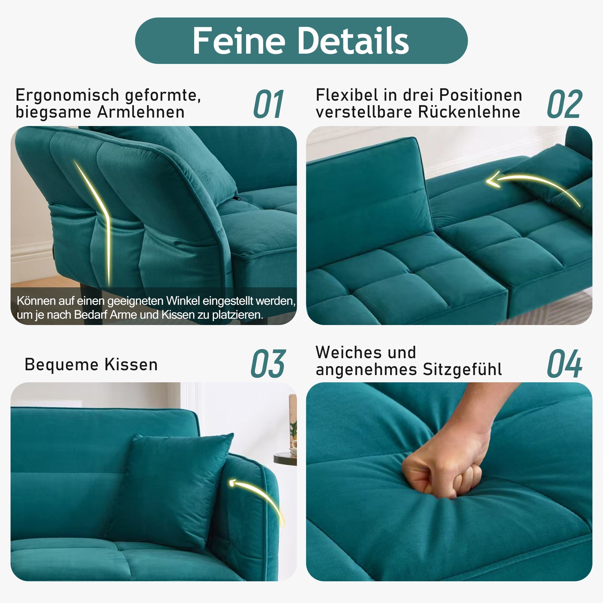 2-in-1 Adjustable Sofa Bed, Two-seater Folding Sleeping Function, Velvet