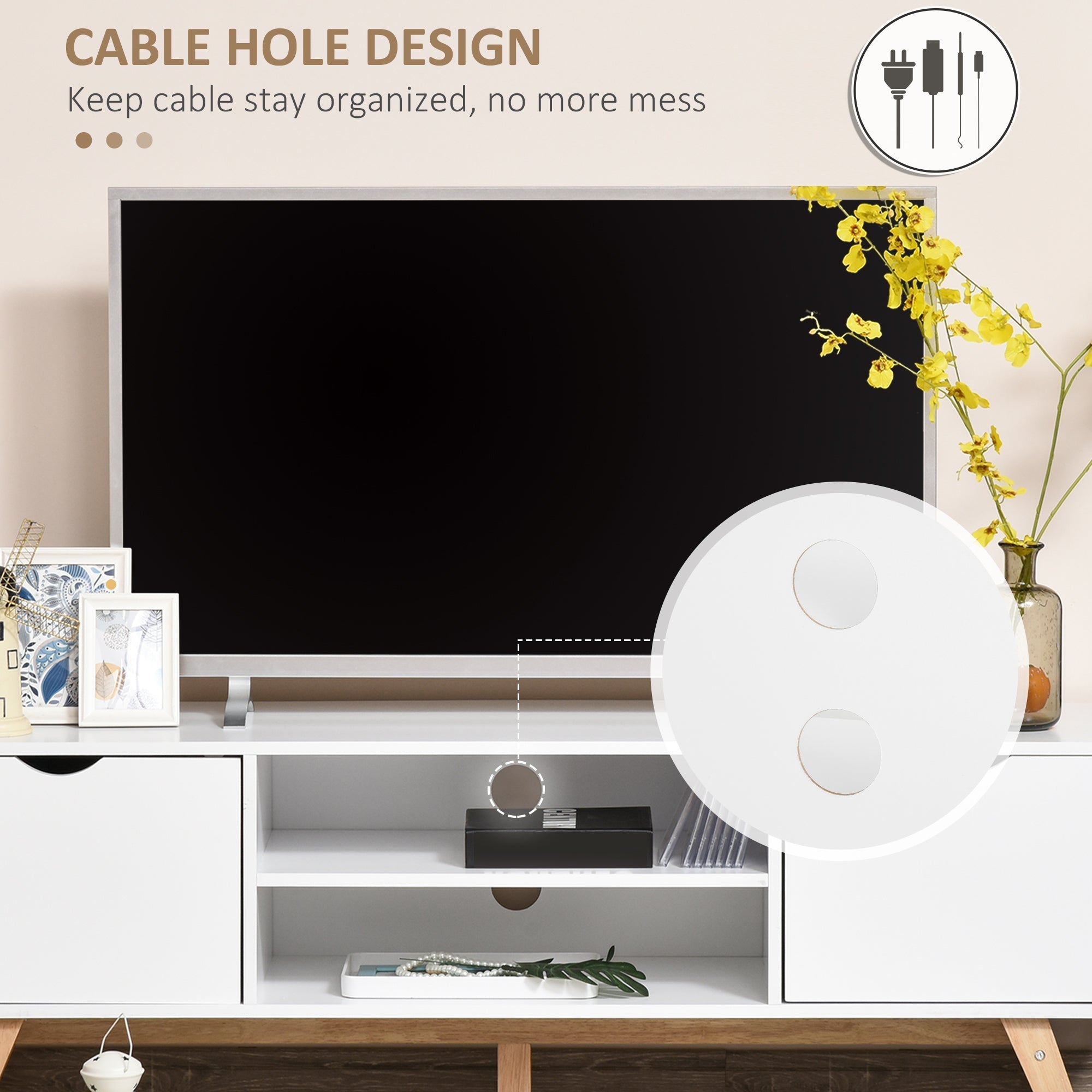 TV Stand Cabinet for TVs up to 65" with Storage & Wood Legs, White