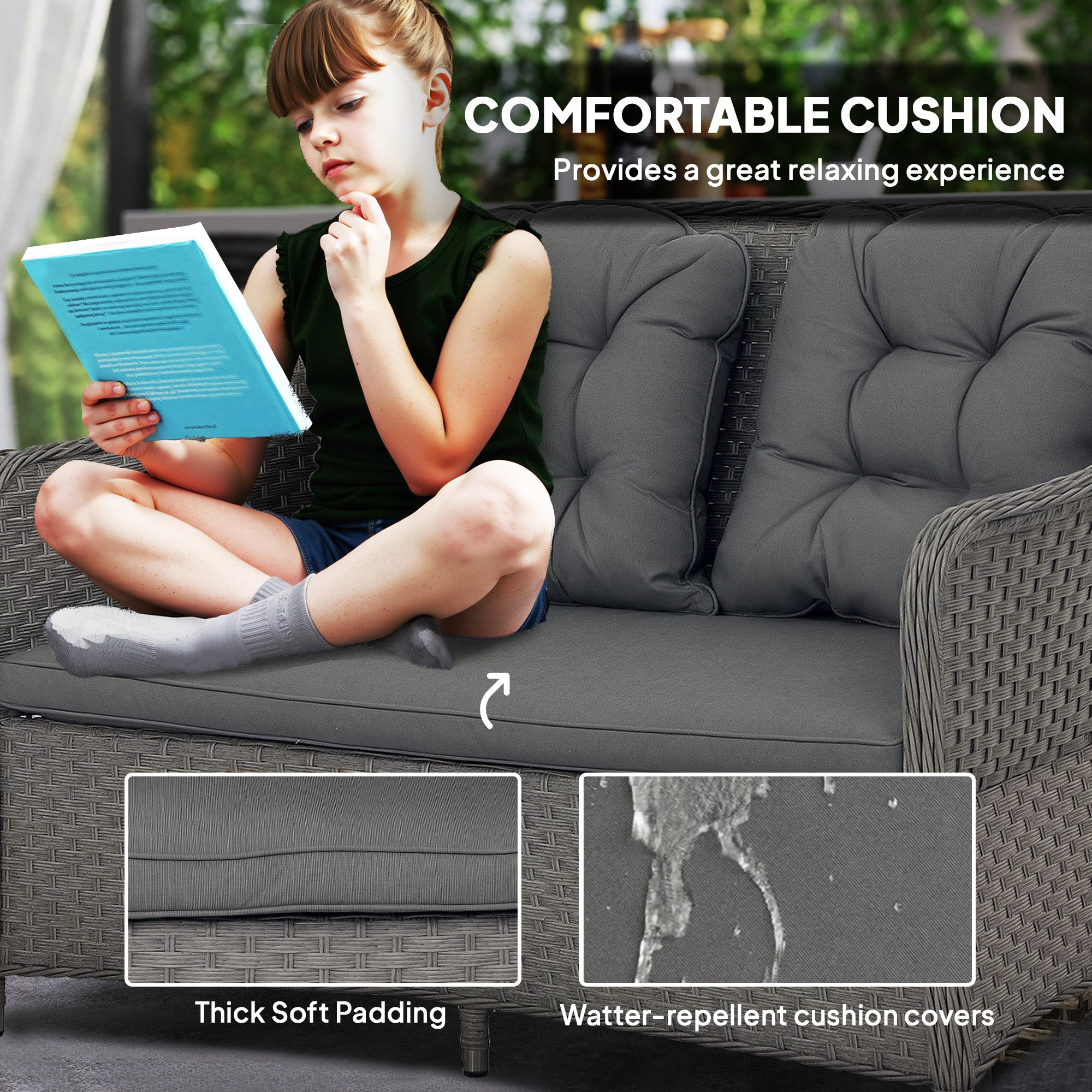 Four-Piece Rattan Set, Glass-Top Table, Light Grey