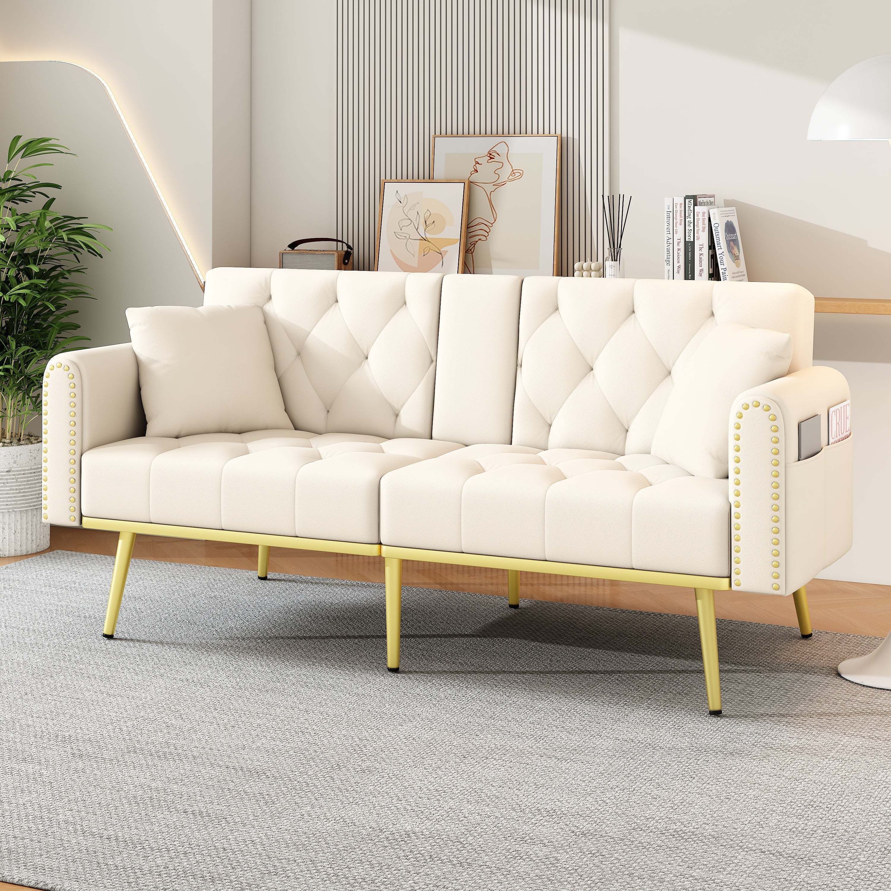 Sofa Bed Double Fold-Out Reclining Cup Holders - Fabric Beige