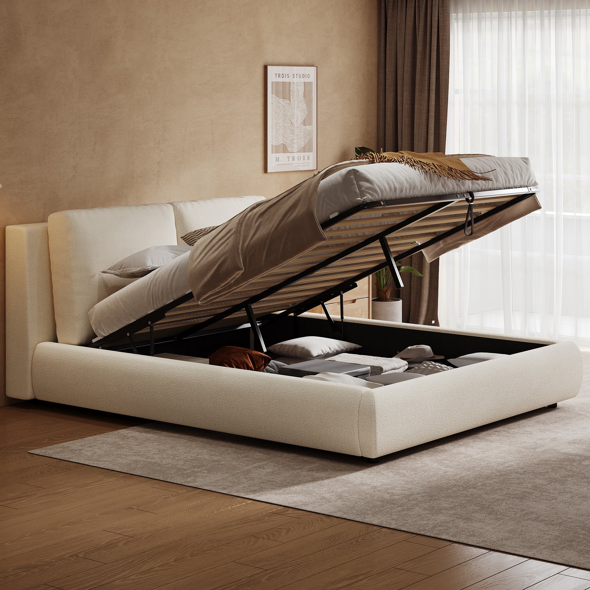 Upholstered Bed, Double 180x200cm, Hydraulic, Storage, Slatted Base, Beige Bouclé
