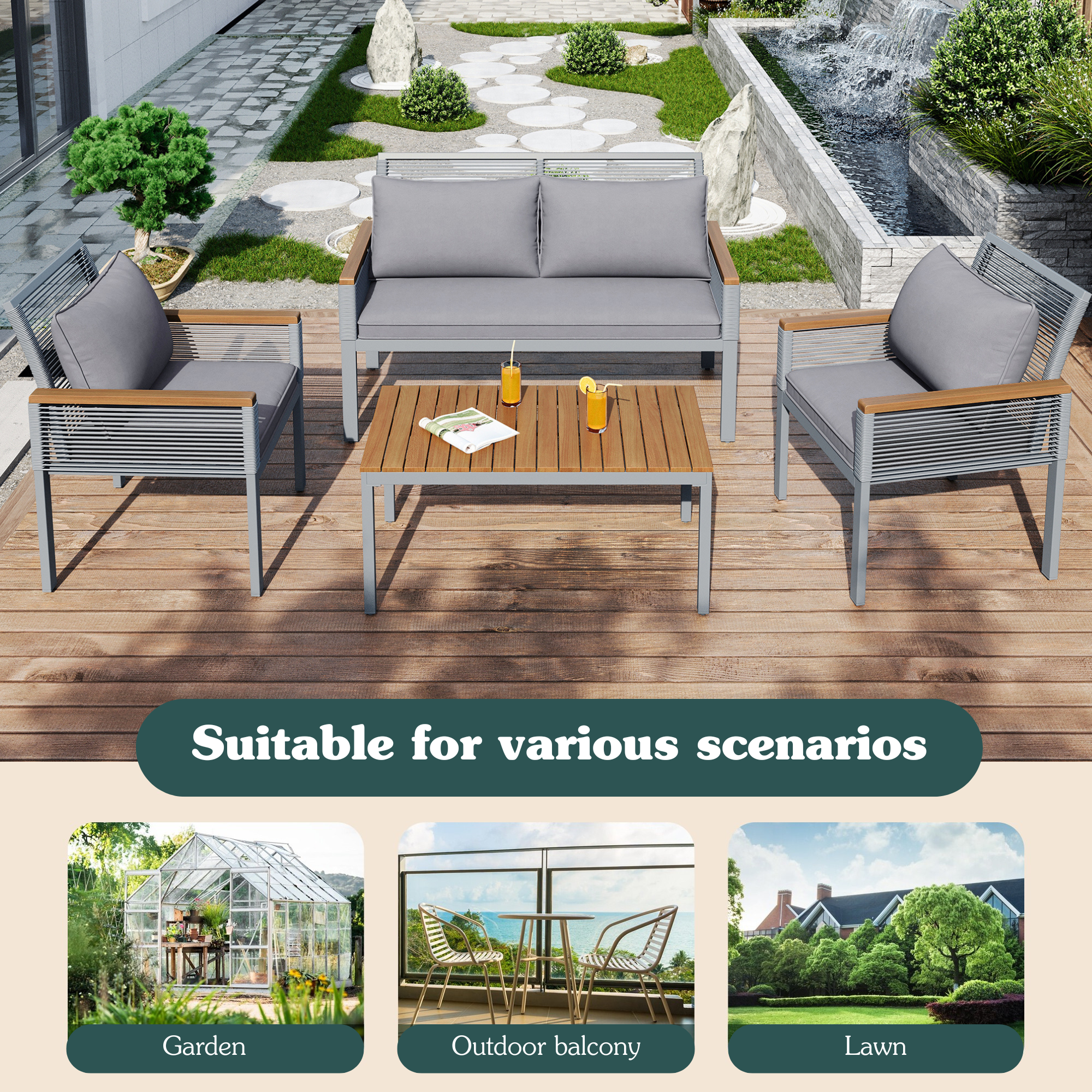 Garden Lounge Set with Comfortable Cushions, Double Sofa, 2 Armchairs and Table, Rattan, Grey