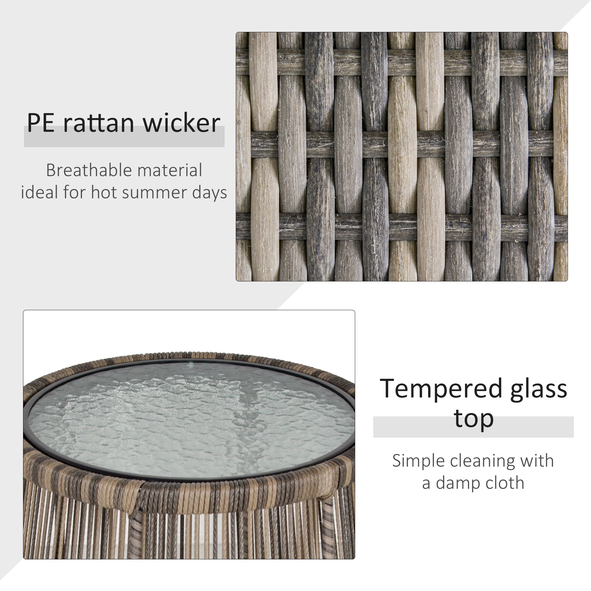 3 Pieces Rattan Bistro Set, Wicker Garden Furniture with Cushions and Glass Top Table, Grey