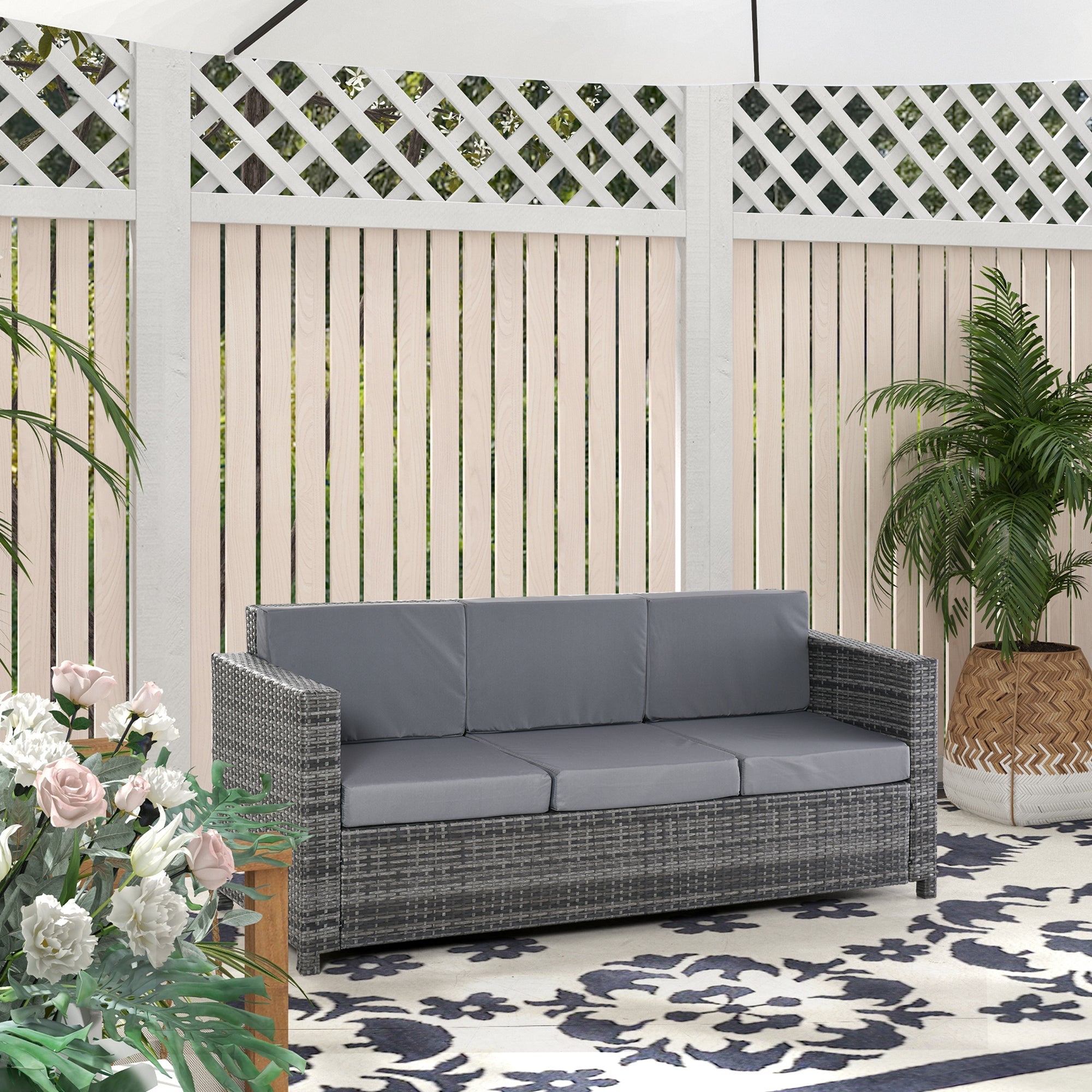 Poly Rattan Garden Lounge Sofa, 3-Seater with Cushions, Grey Metal & Polyester