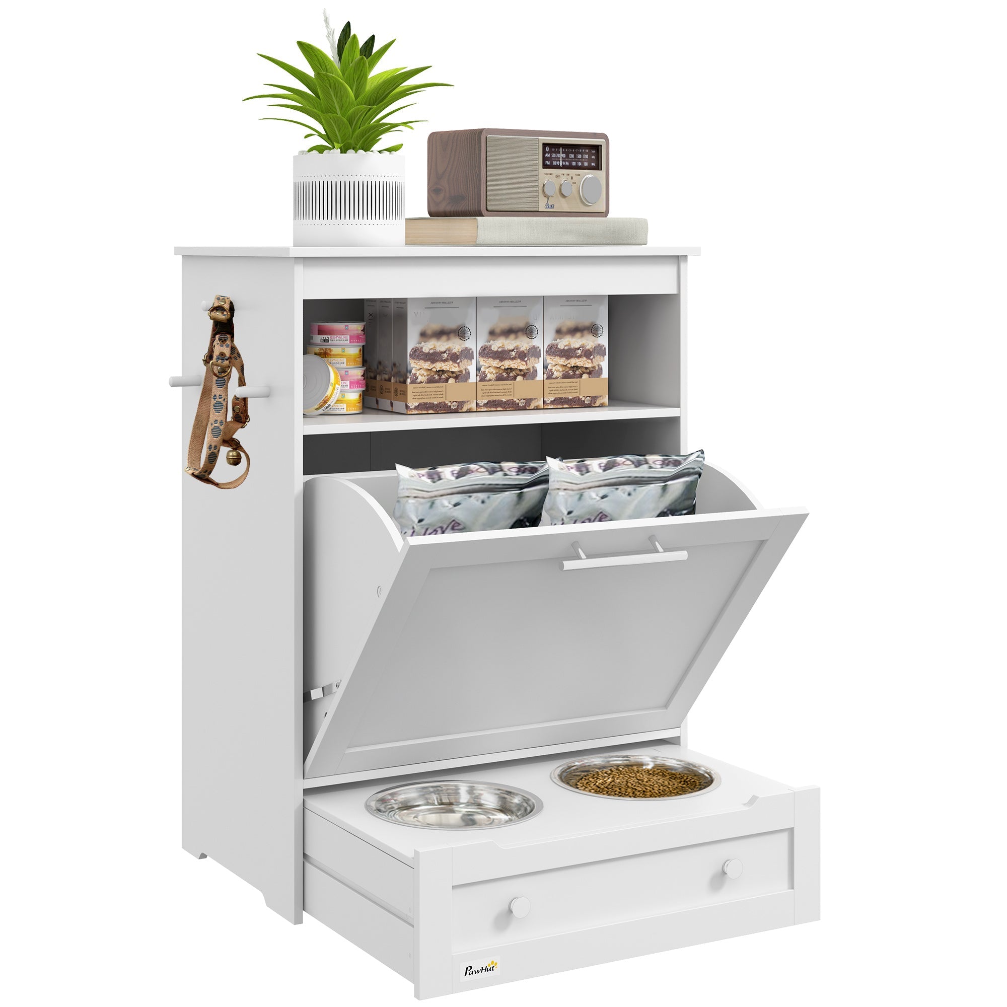 Pet Food Cabinet, 2 Stainless Steel Bowls Storage Tilting Door, White