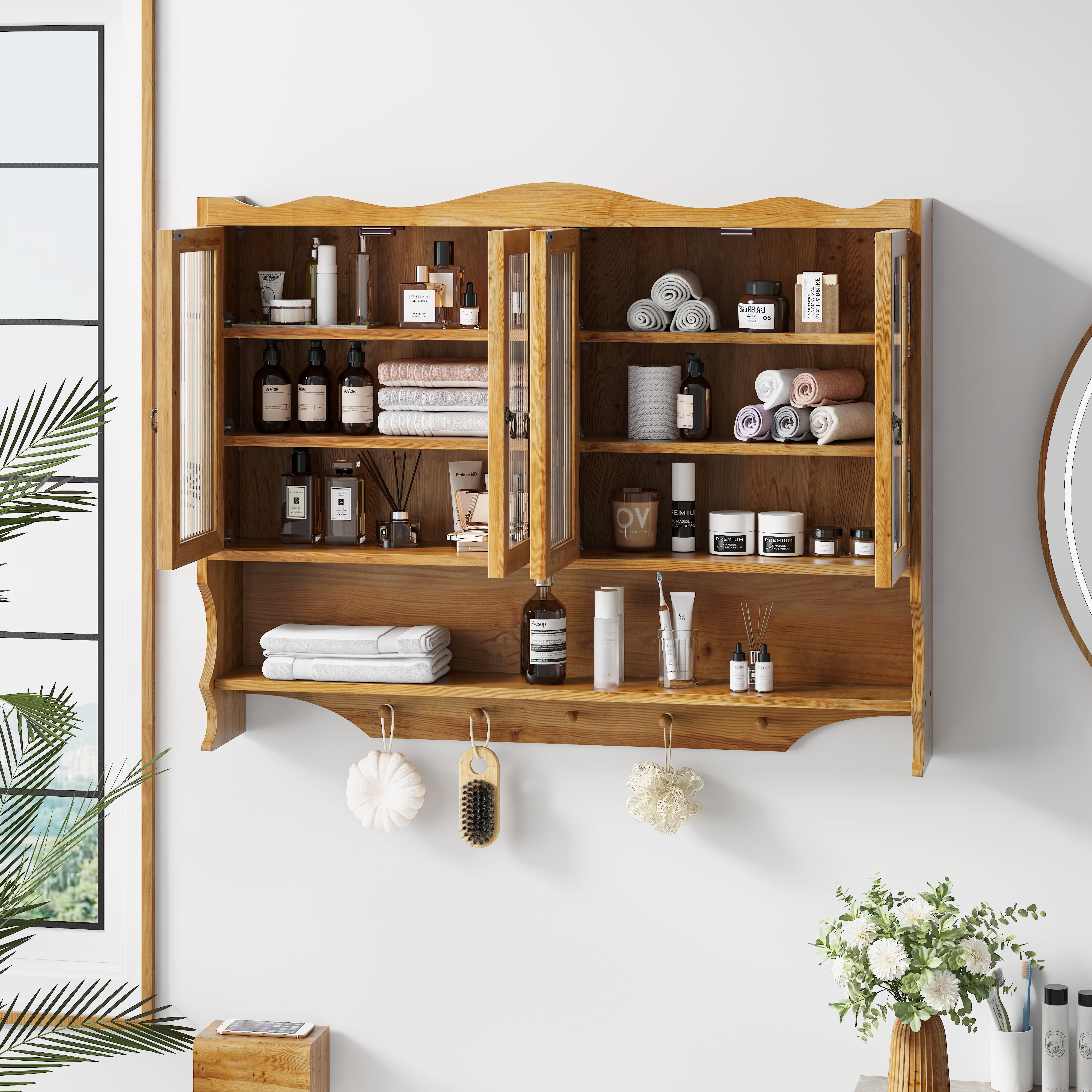 Wall-mounted Cabinet 100CM Retro 4 Door Storage Hook Rack, Natural