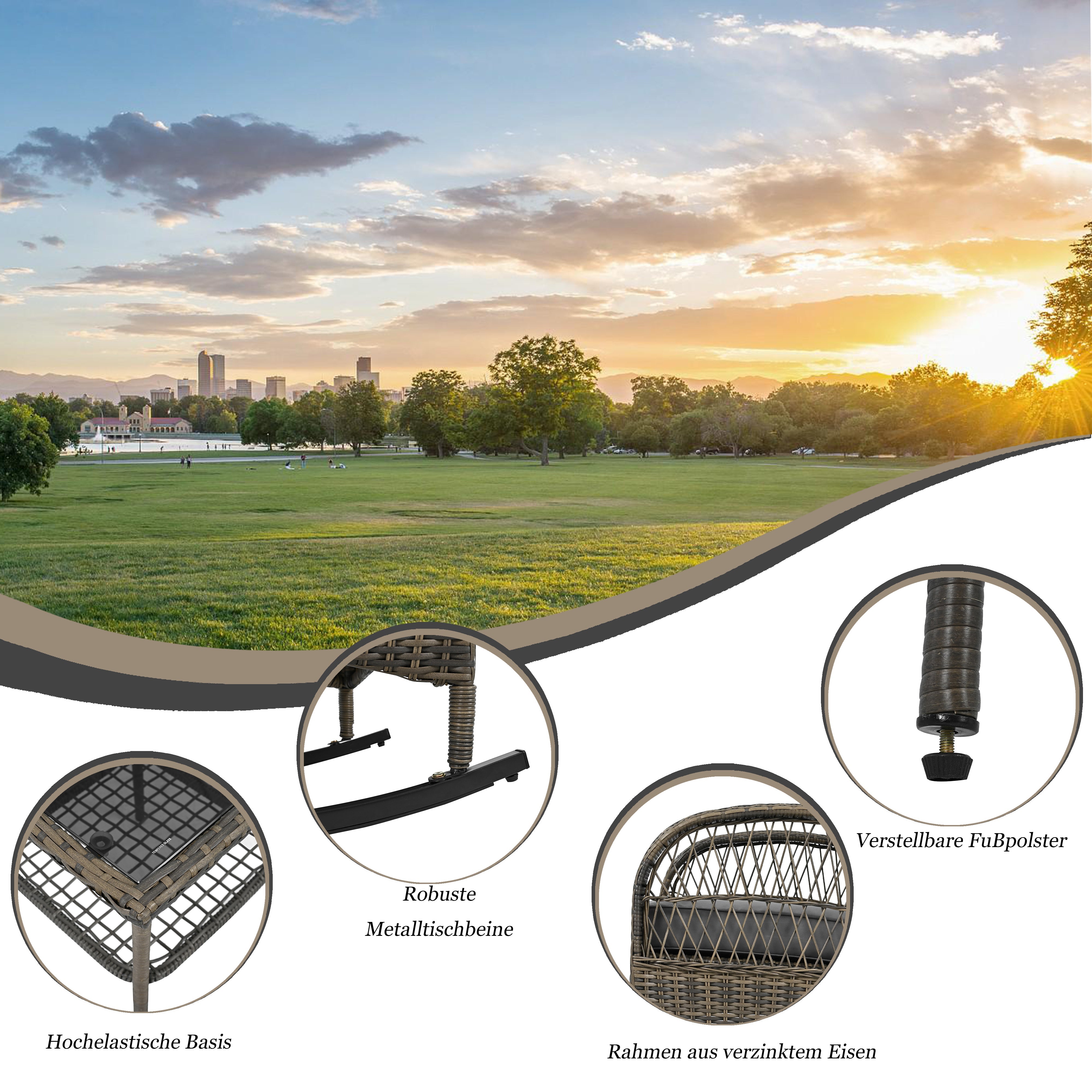 Rattan Balcony Set 3-Piece 160 kg Load Capacity, Grey Cushion