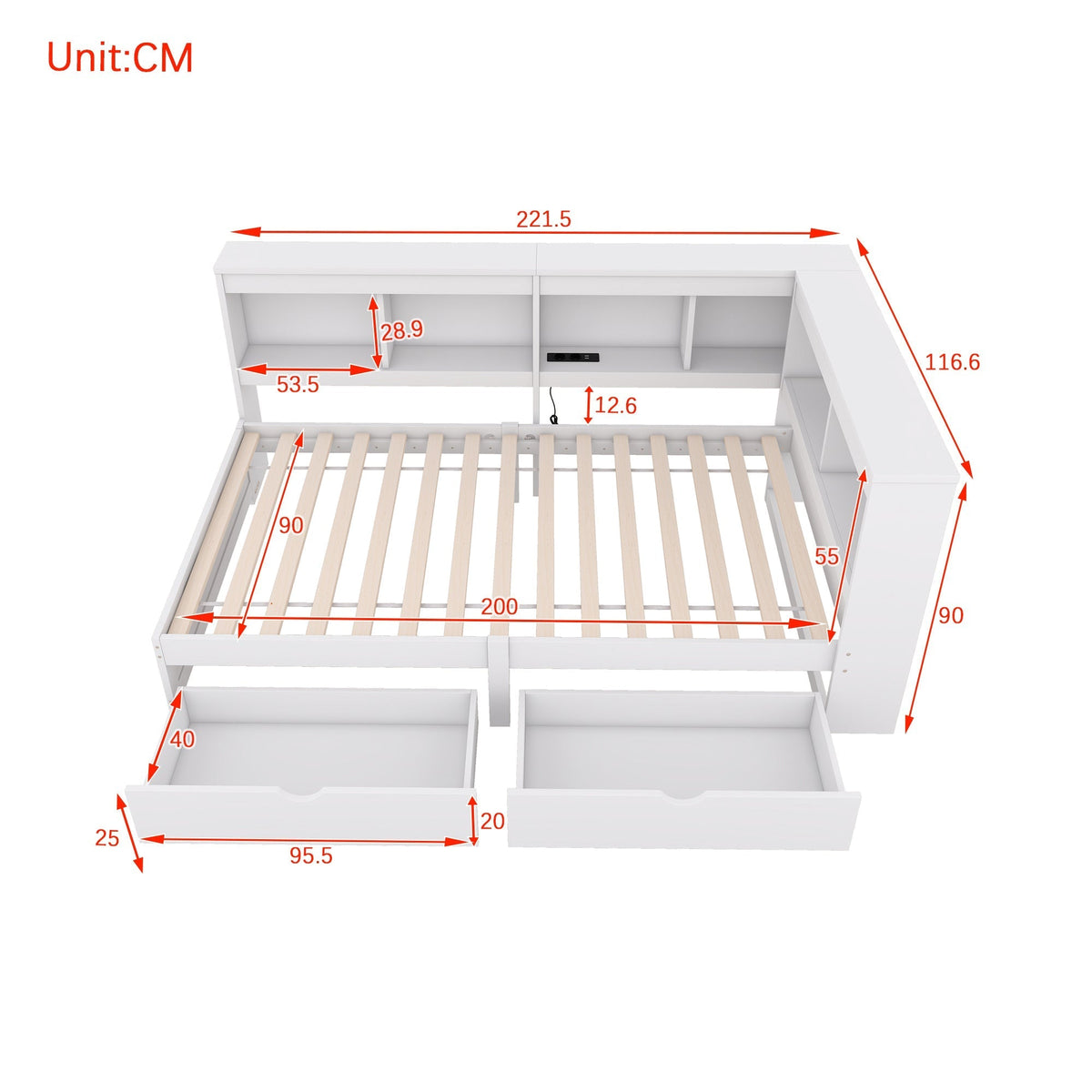 Daybed Sofa Bed 90x200cm 2 Drawers Power Outlet USB - White Chipboard