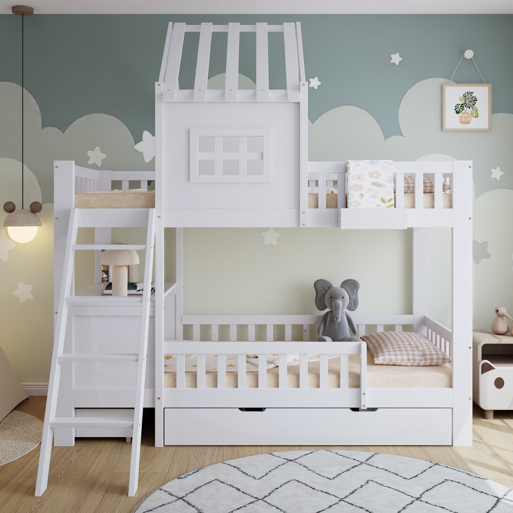 Bunk Bed, Roof & Window with Drawers, Reading Table, Storage Basket, Pine + MDF + Plywood, White