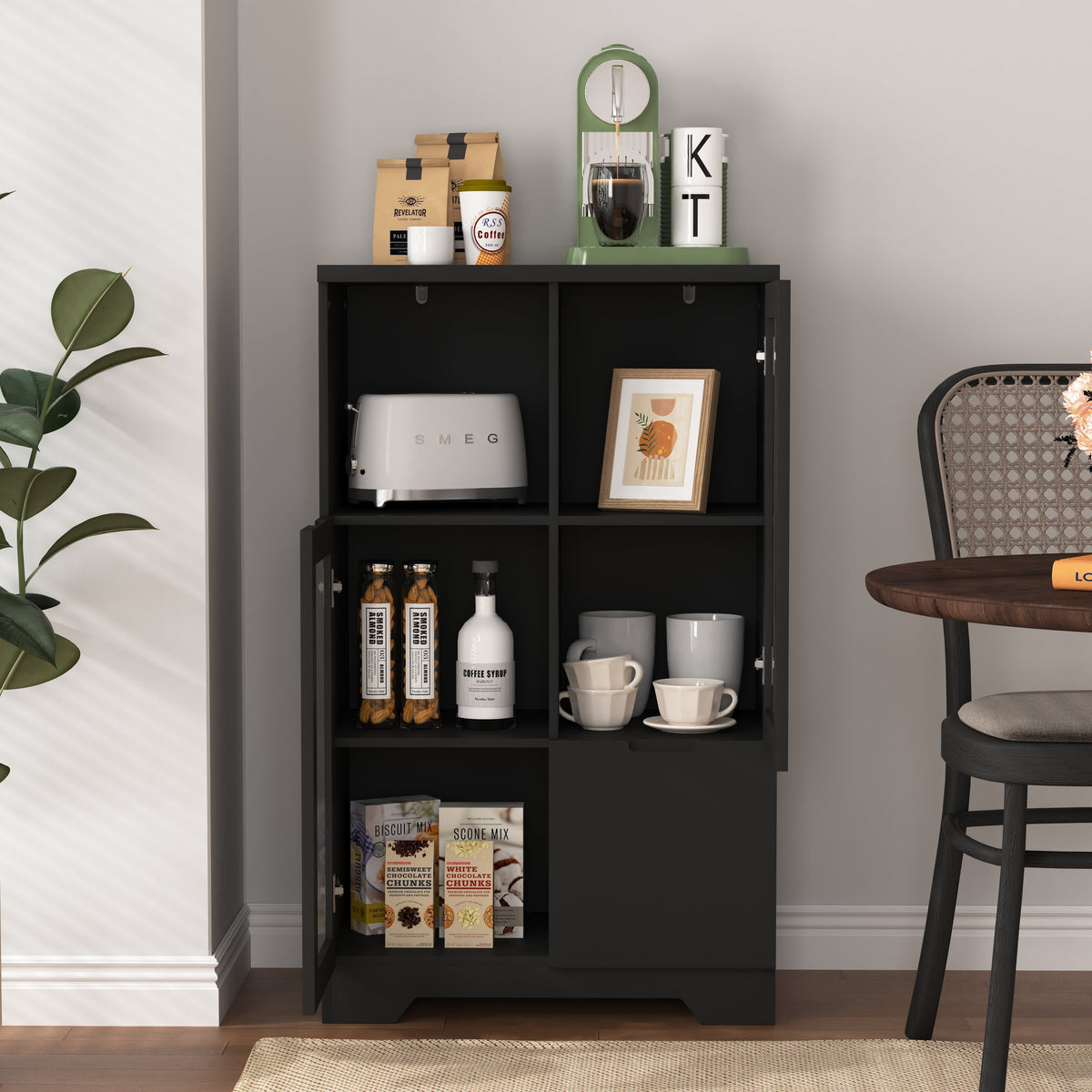 MDF Cabinet Glass Doors Drawer Open Storage - Black