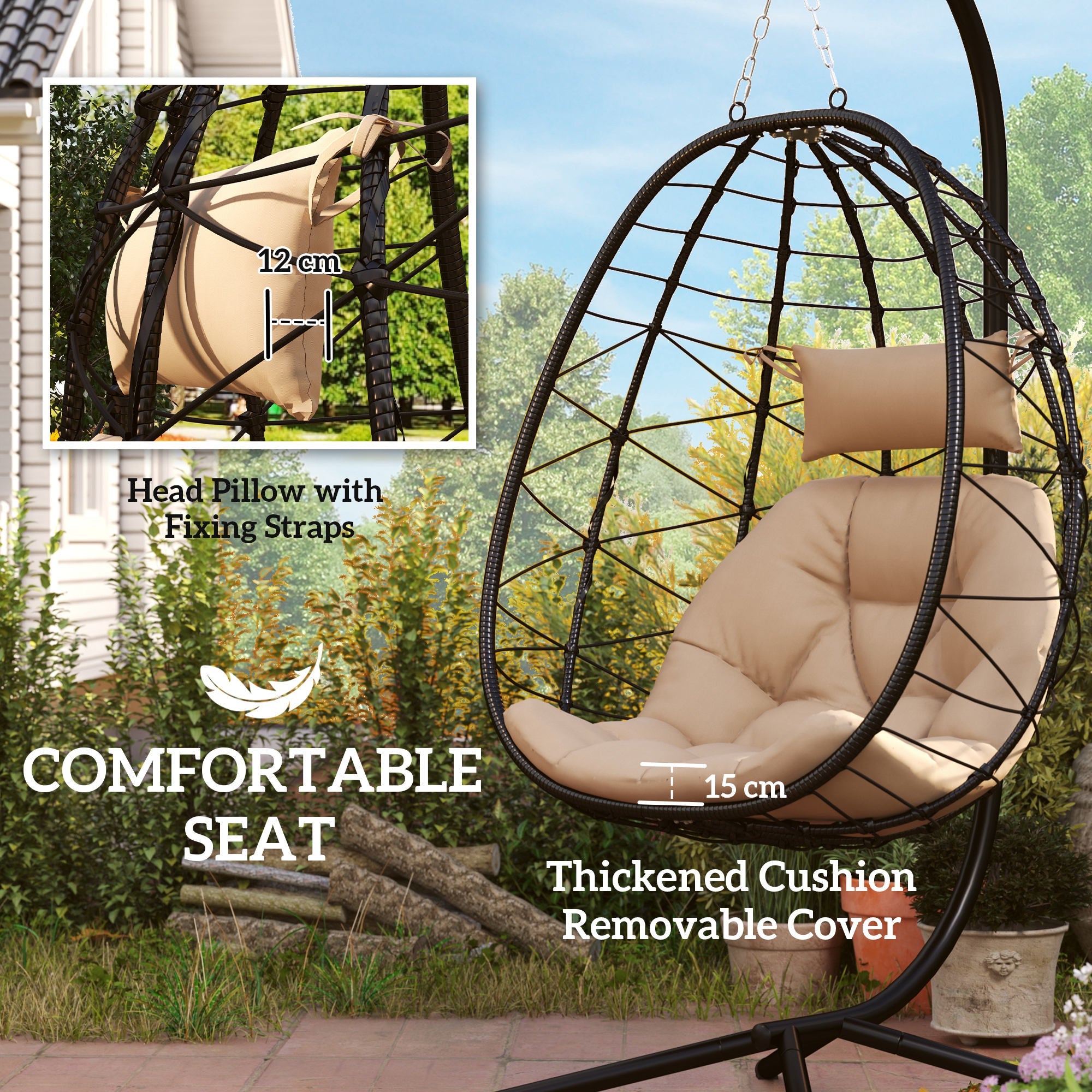 Hanging Egg Chair, Indoor Outdoor Swing Chair with Folding Basket & Stand, Khaki