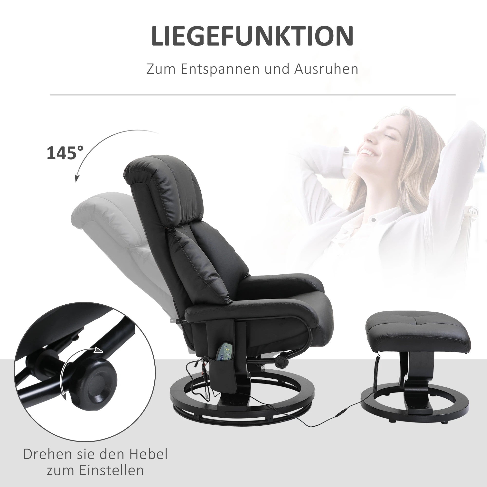 TV Armchair Reclining Deep Padding High Back 360° Swivel, Faux Leather Black
