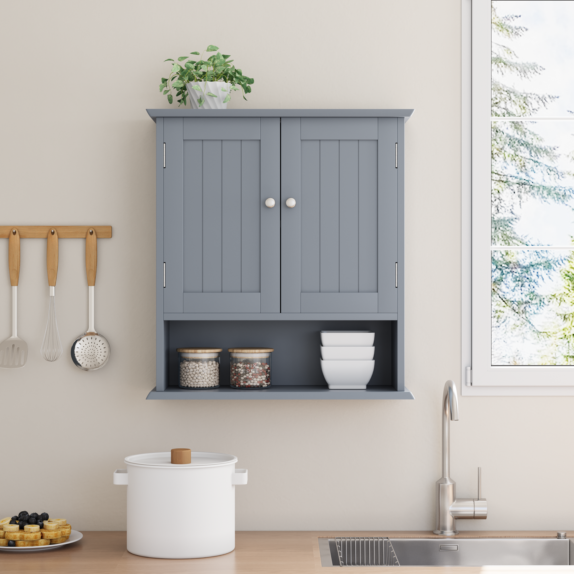 Bathroom Wall Cabinet with 2 Doors and Open Shelves