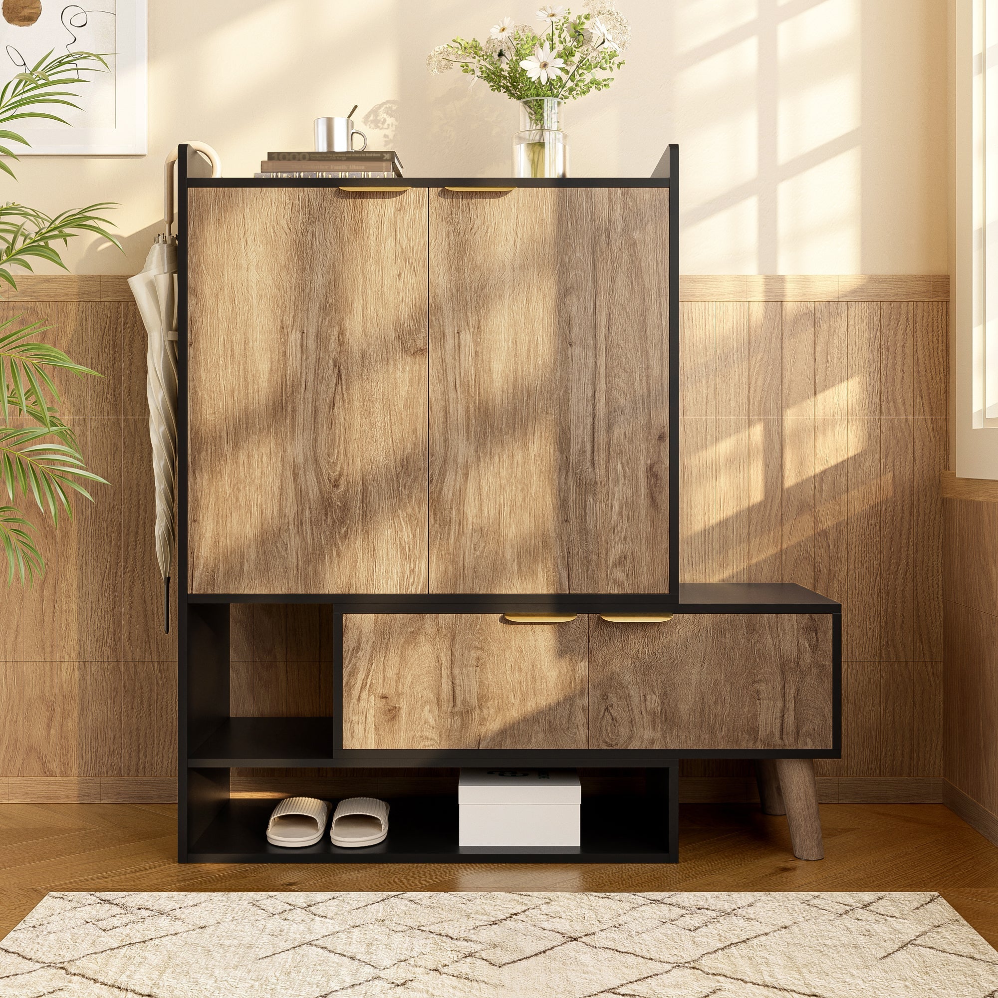 Multifunctional Shoe Cabinet, Extendable Swivel Seat, Large Storage, Open/Closed Shelving, Black + Wood Finish