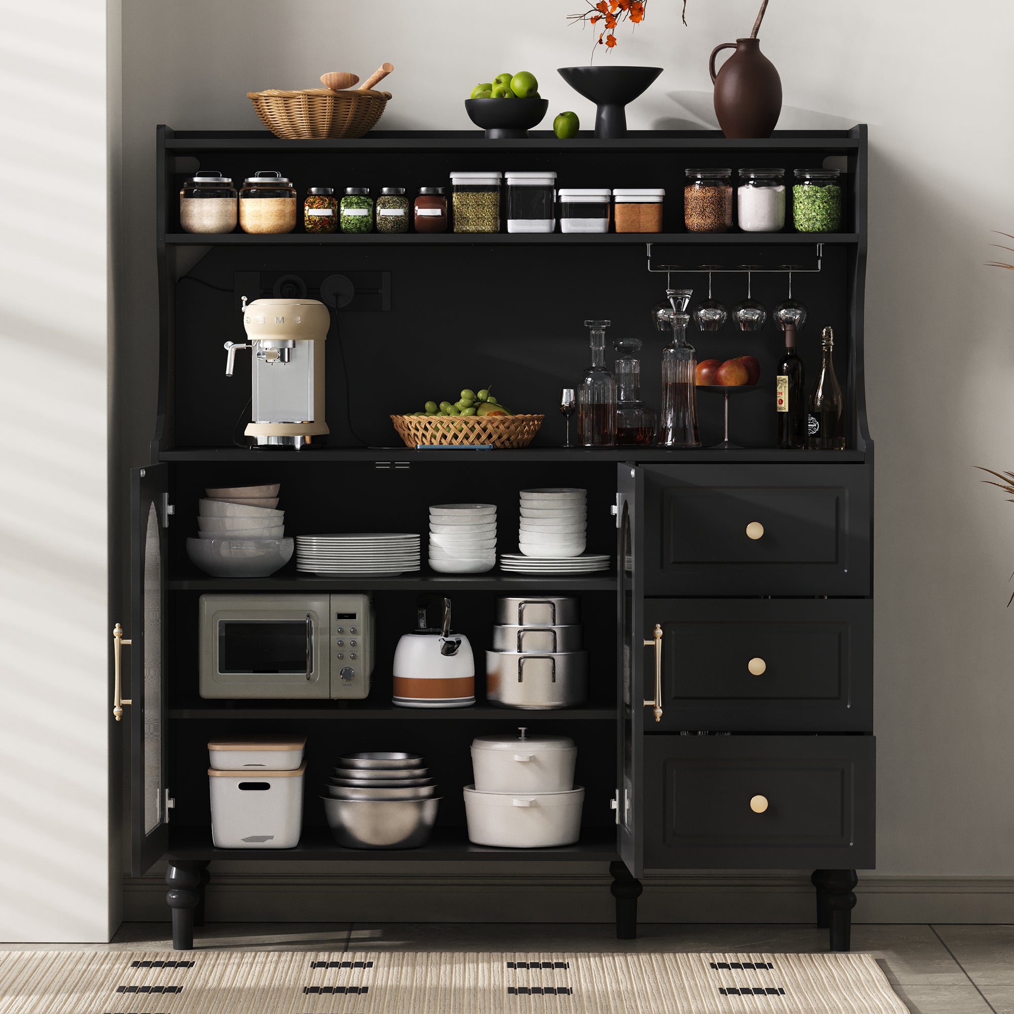 Tall Cabinet Bar Storage with Sockets, Wine Rack & Adjustable Shelves - Black