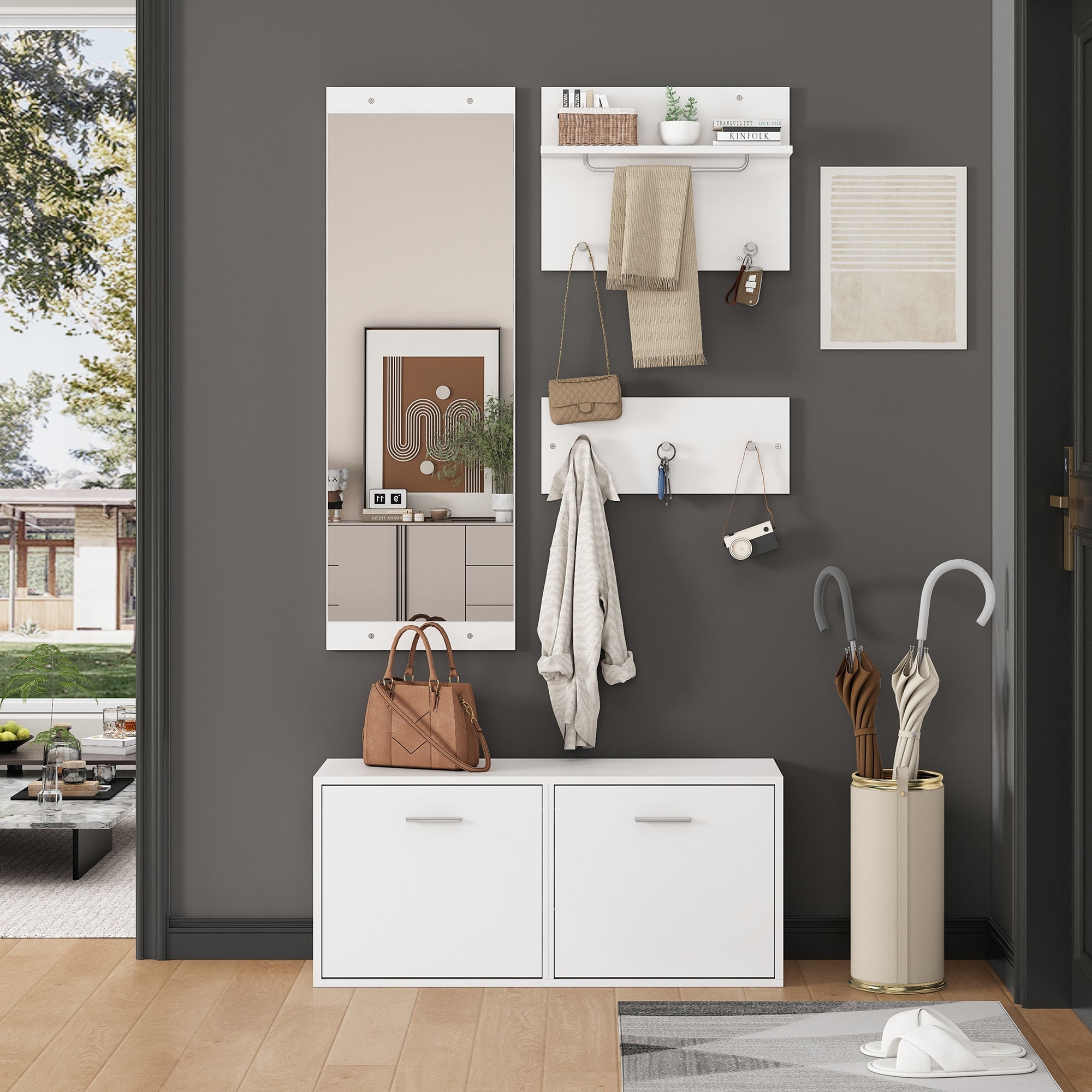 4-Piece Wardrobe Set, 90x30x41.5cm Mirror Hat Shelf Shoe Cabinet 6 Hooks, White